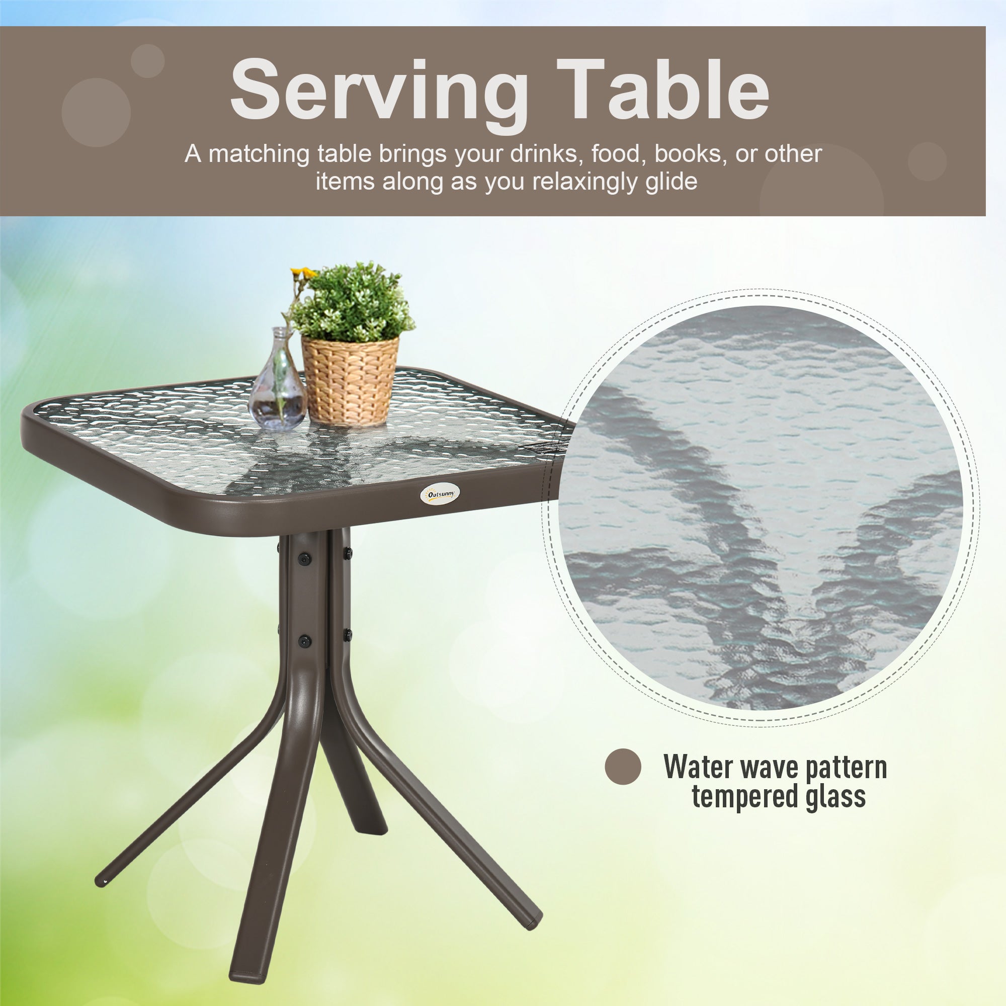 Outsunny 3 Piece Patio Glider Set, Outdoor Gliders with Glass Top Table, Breathable Mesh Seat, or Garden, Country Yard, Porch, Light Mixed Brown