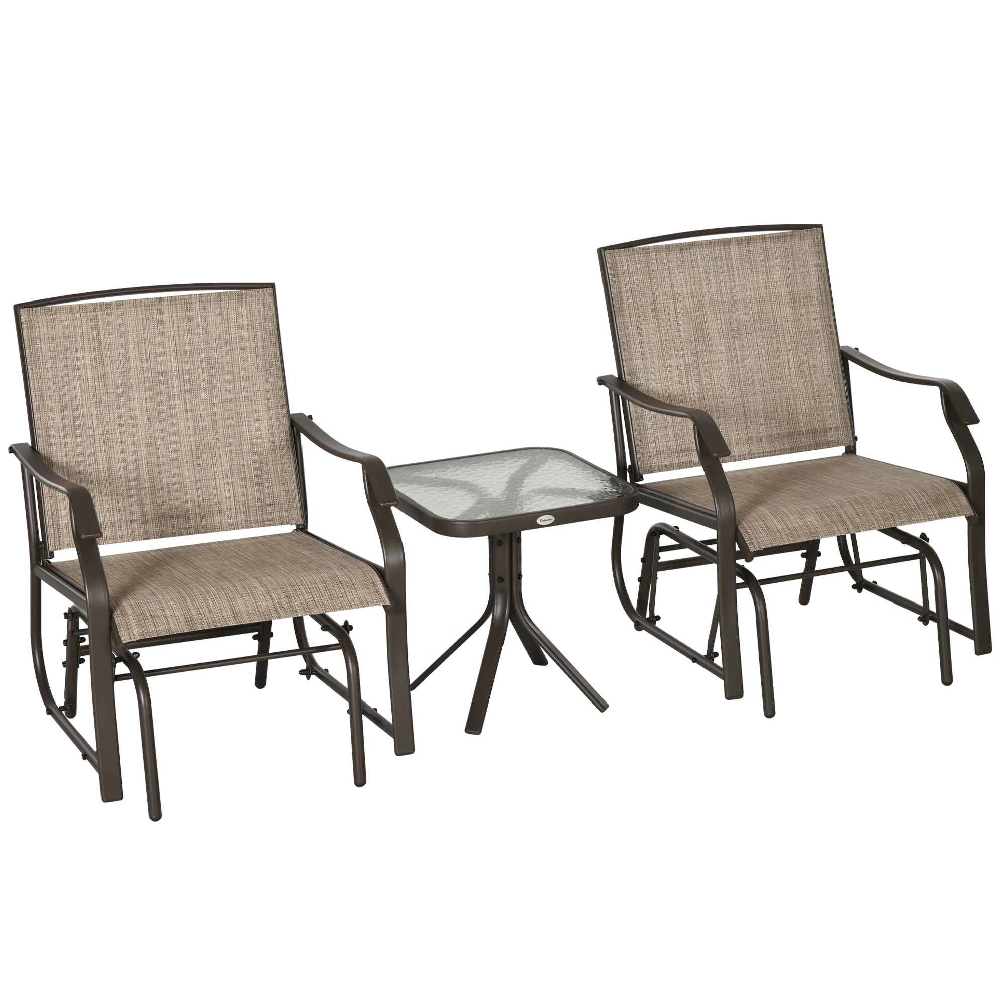 Outsunny 3 Piece Patio Glider Set, Outdoor Gliders with Glass Top Table, Breathable Mesh Seat, or Garden, Country Yard, Porch, Light Mixed Brown
