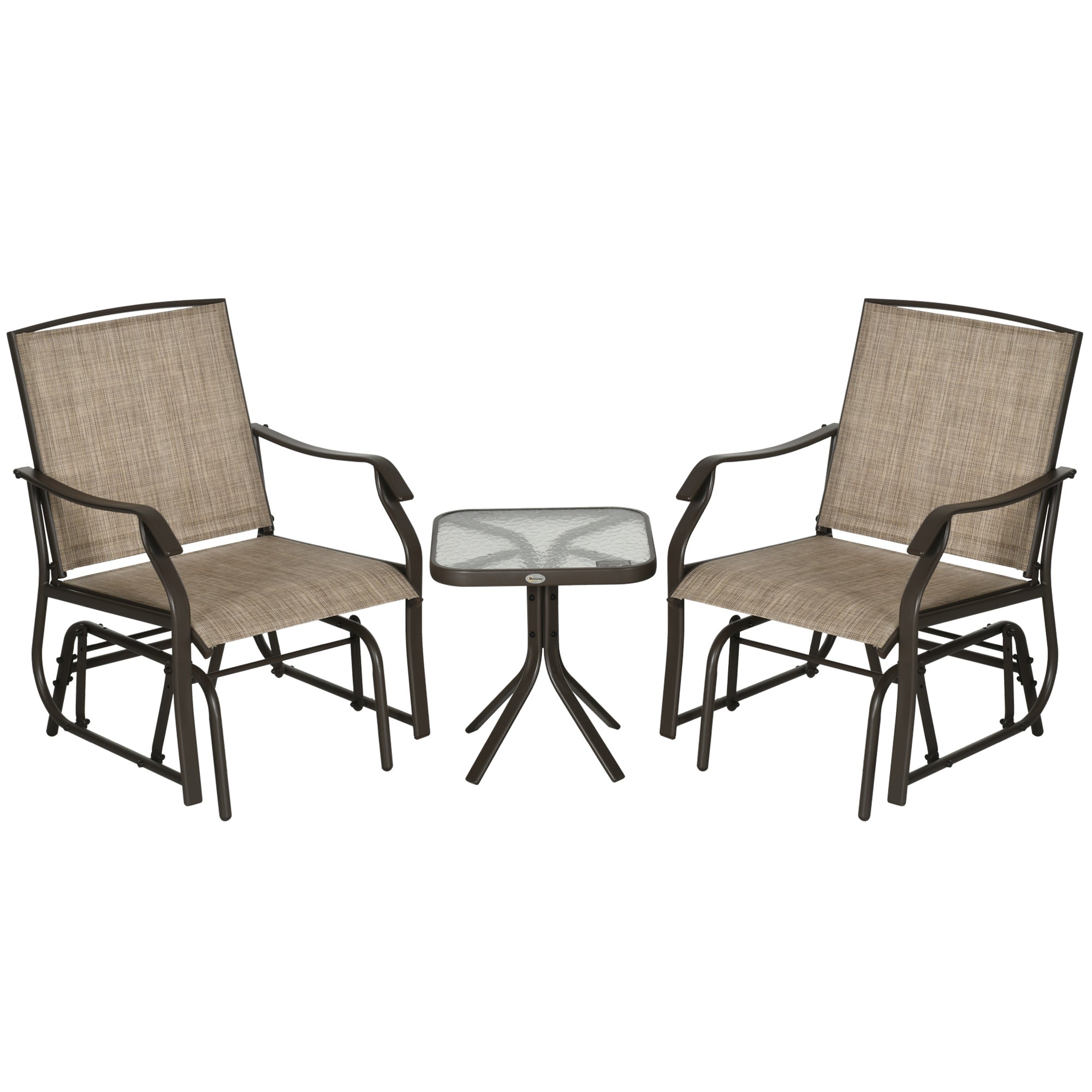 Outsunny 3 Piece Patio Glider Set, Outdoor Gliders with Glass Top Table, Breathable Mesh Seat, or Garden, Country Yard, Porch, Light Mixed Brown