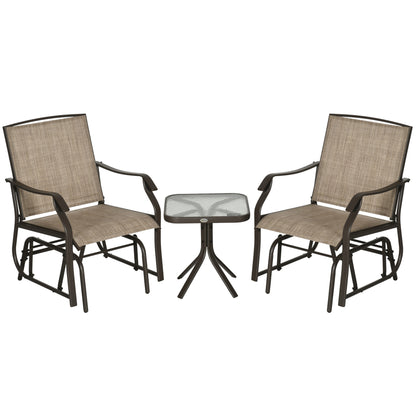 Outsunny 3 Piece Patio Glider Set, Outdoor Gliders with Glass Top Table, Breathable Mesh Seat, or Garden, Country Yard, Porch, Light Mixed Brown
