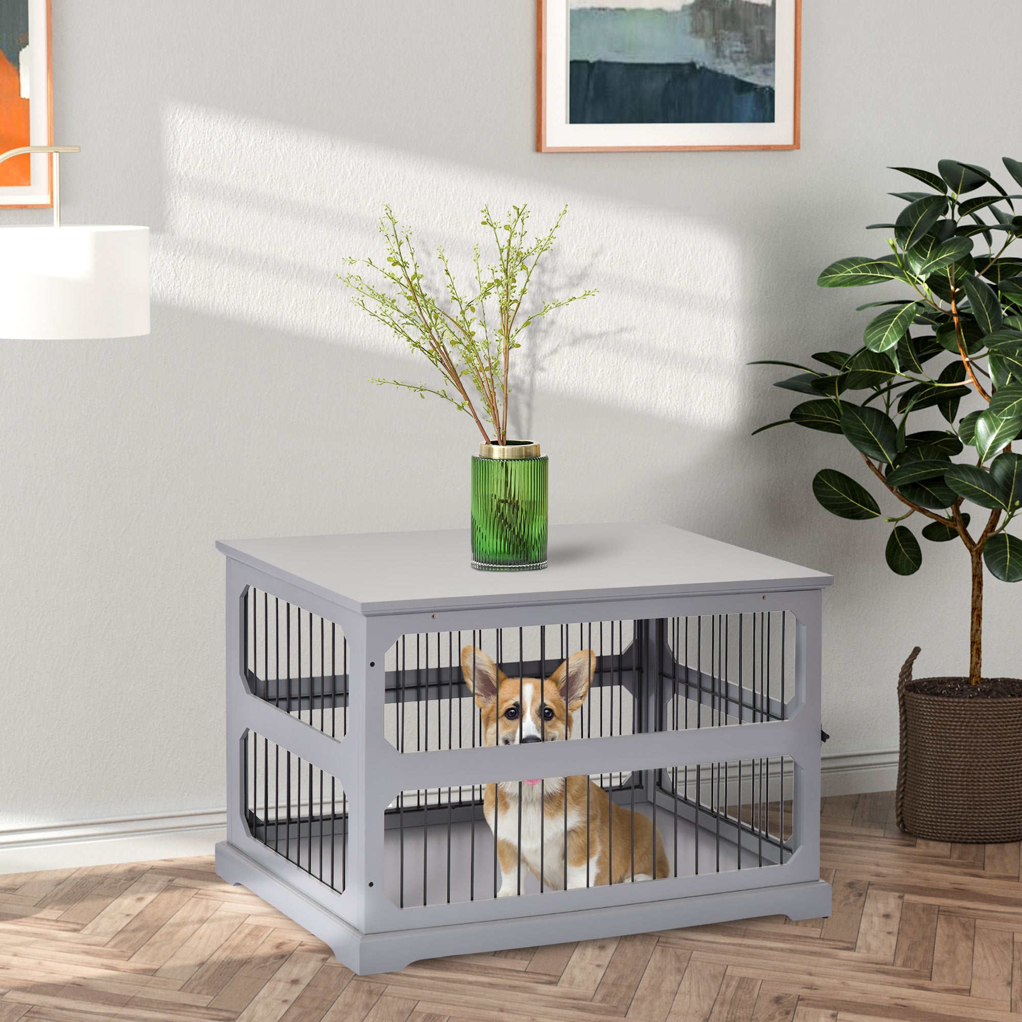 PawHut Dog Crate Furniture Decorative Cage Kennel with Strong Construction Materials & a Classic Americana Style, Grey