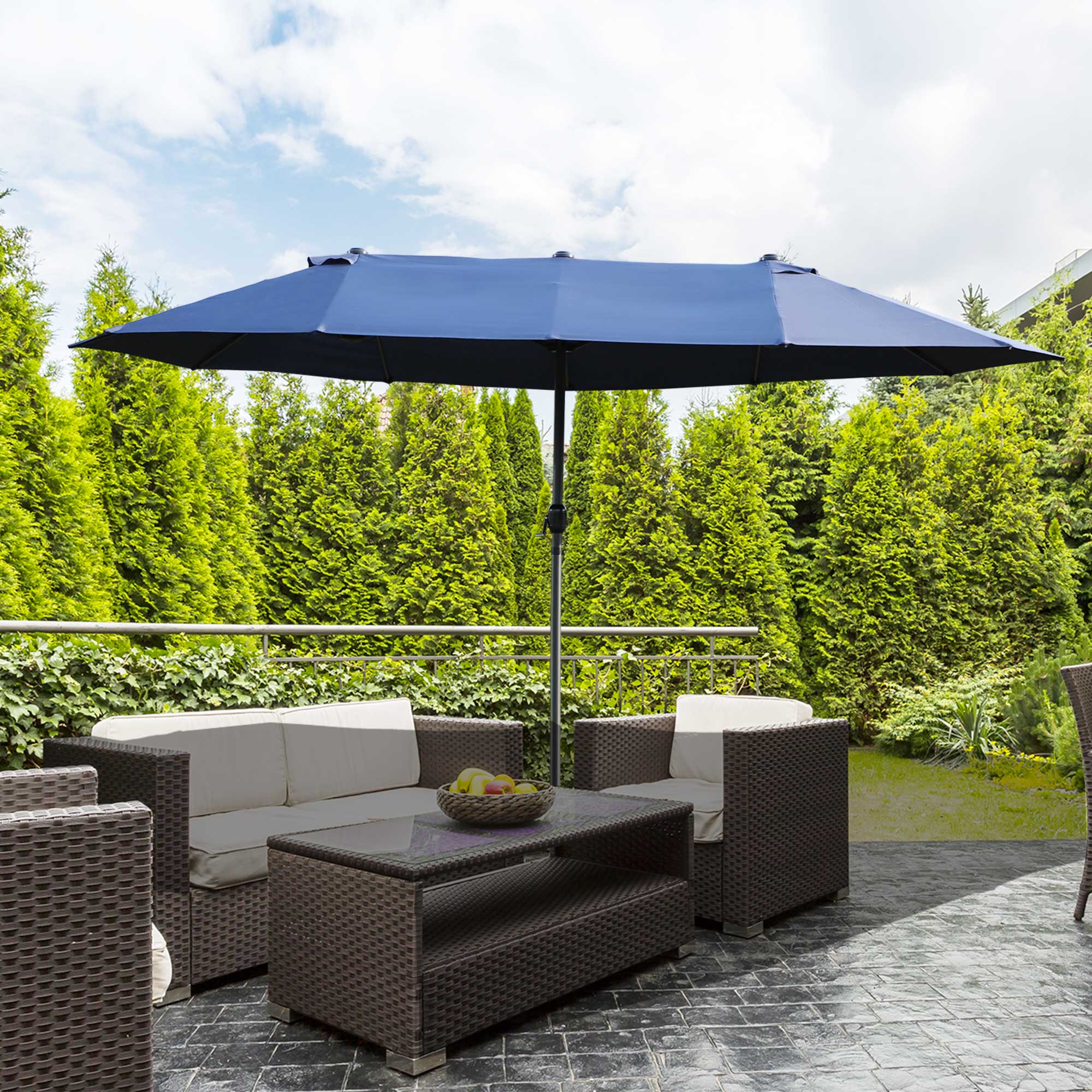Outsunny 15ft Double-sided Patio Umbrella with Twin Canopy, Extra Large Outdoor Parasol with Crank for Pool, Deck, Market, Blue