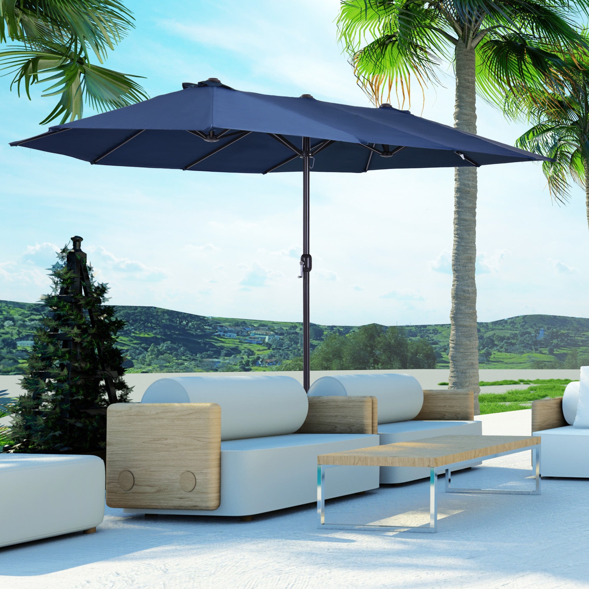 Outsunny 15ft Double-sided Patio Umbrella with Twin Canopy, Extra Large Outdoor Parasol with Crank for Pool, Deck, Market, Blue