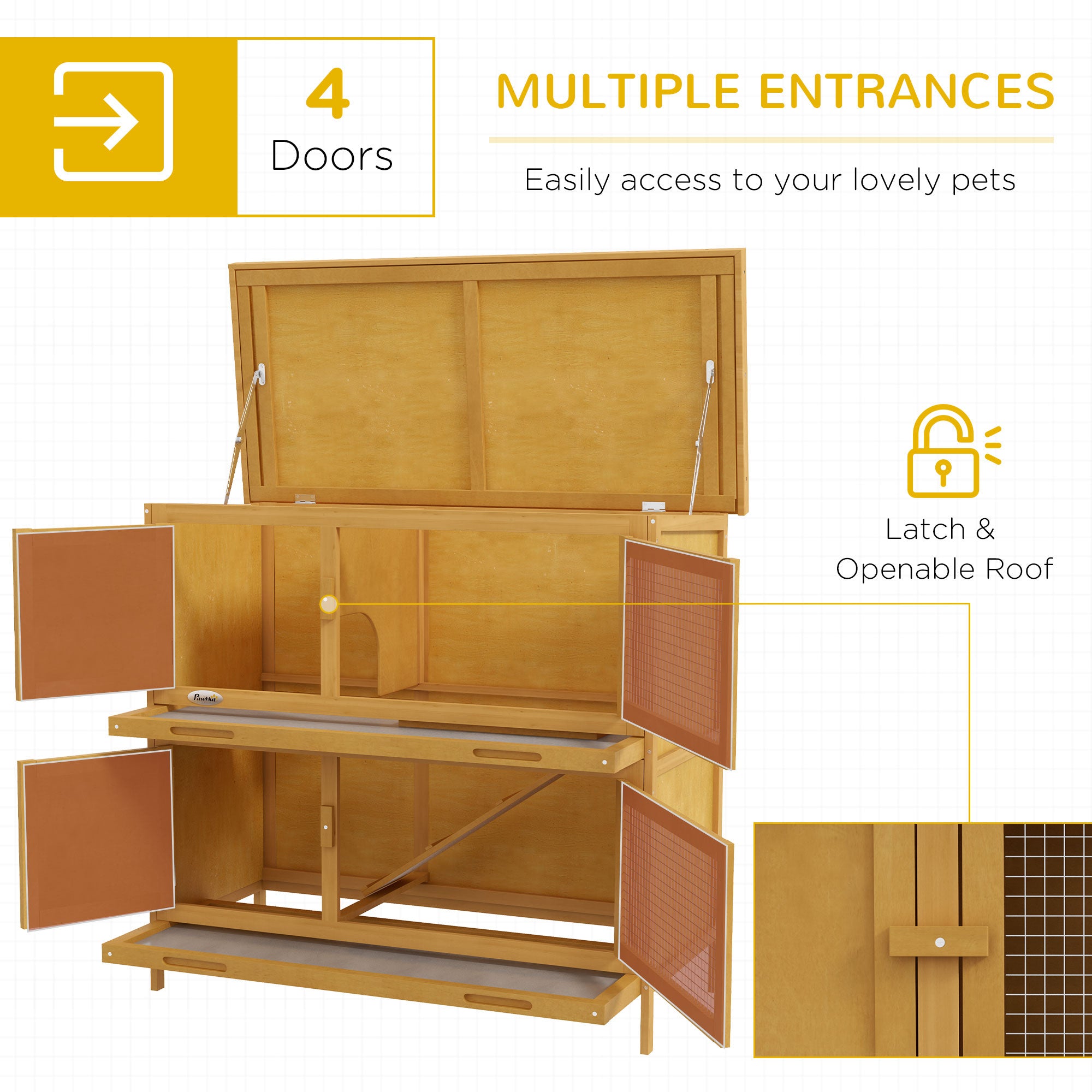 PawHut Rabbit Hutch, Wooden 2 Tier Bunny Guinea Pig Cage with Openable Top, Slide-out Tray, Ramp, Asphalt Roof, for 2 Rabbits Outdoor Backyard Use, Yellow
