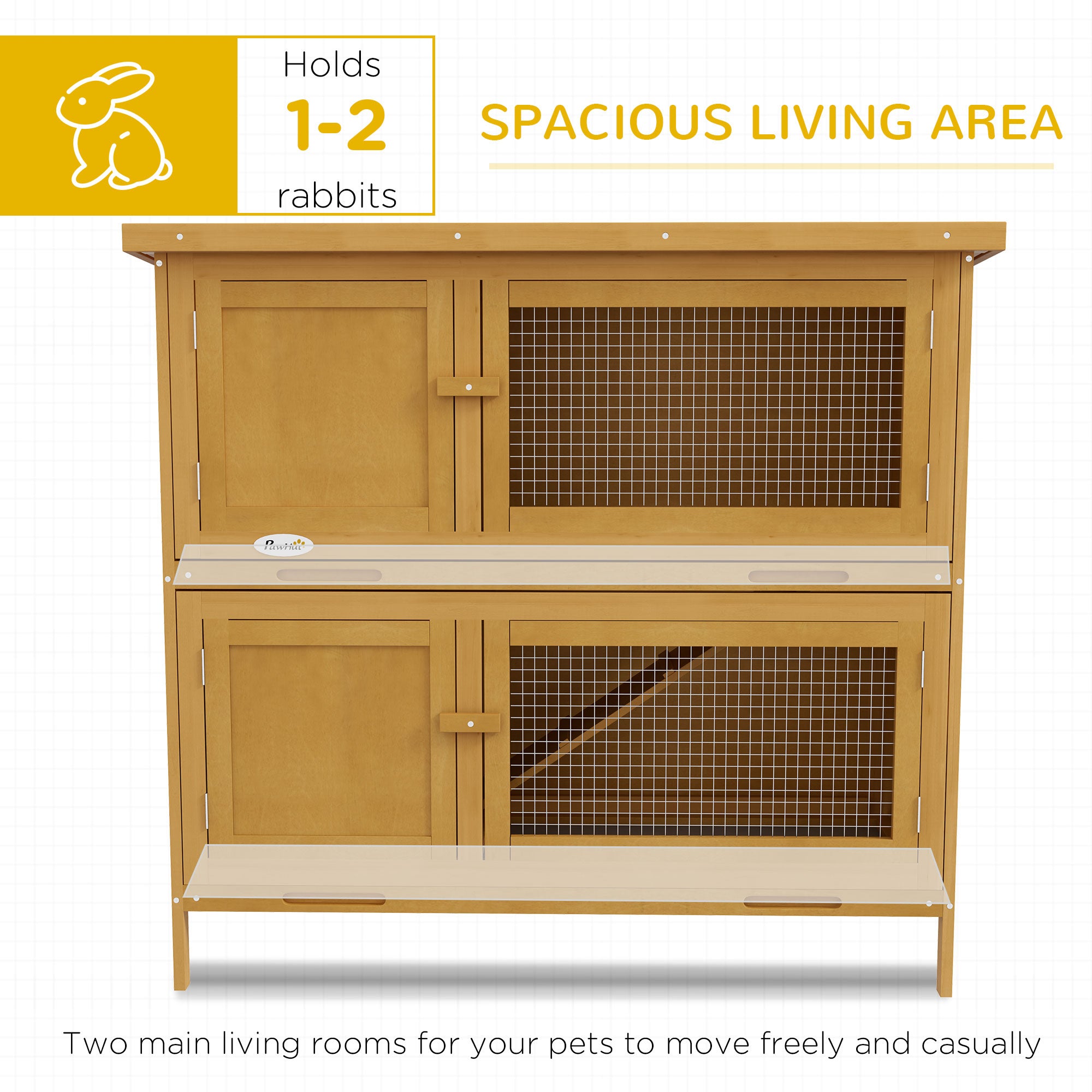 PawHut Rabbit Hutch  Guinea Pig Hutch Double Decker Pet Cage with Openable Roof, Divider, Ramp for Outdoor 100 x 47 x 91cm, Yellow