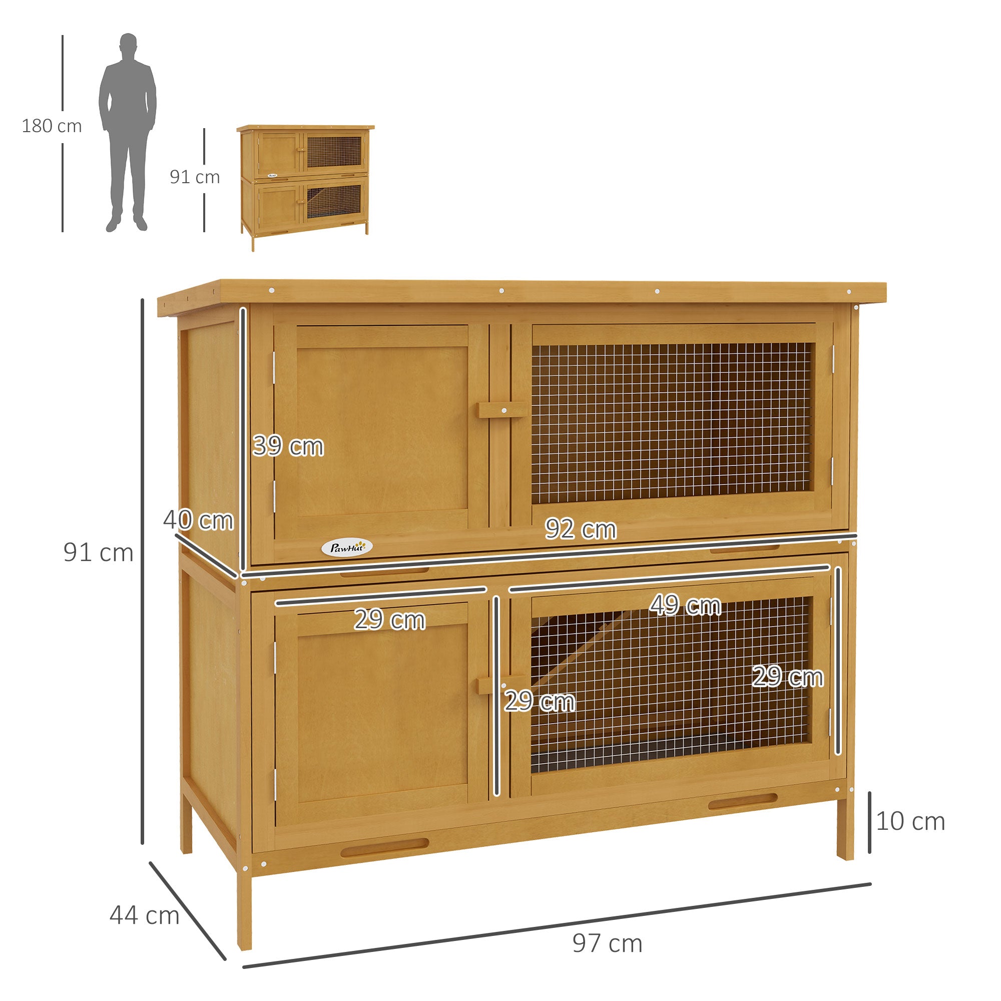 PawHut Rabbit Hutch  Guinea Pig Hutch Double Decker Pet Cage with Openable Roof, Divider, Ramp for Outdoor 100 x 47 x 91cm, Yellow