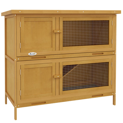 PawHut Rabbit Hutch  Guinea Pig Hutch Double Decker Pet Cage with Openable Roof, Divider, Ramp for Outdoor 100 x 47 x 91cm, Yellow