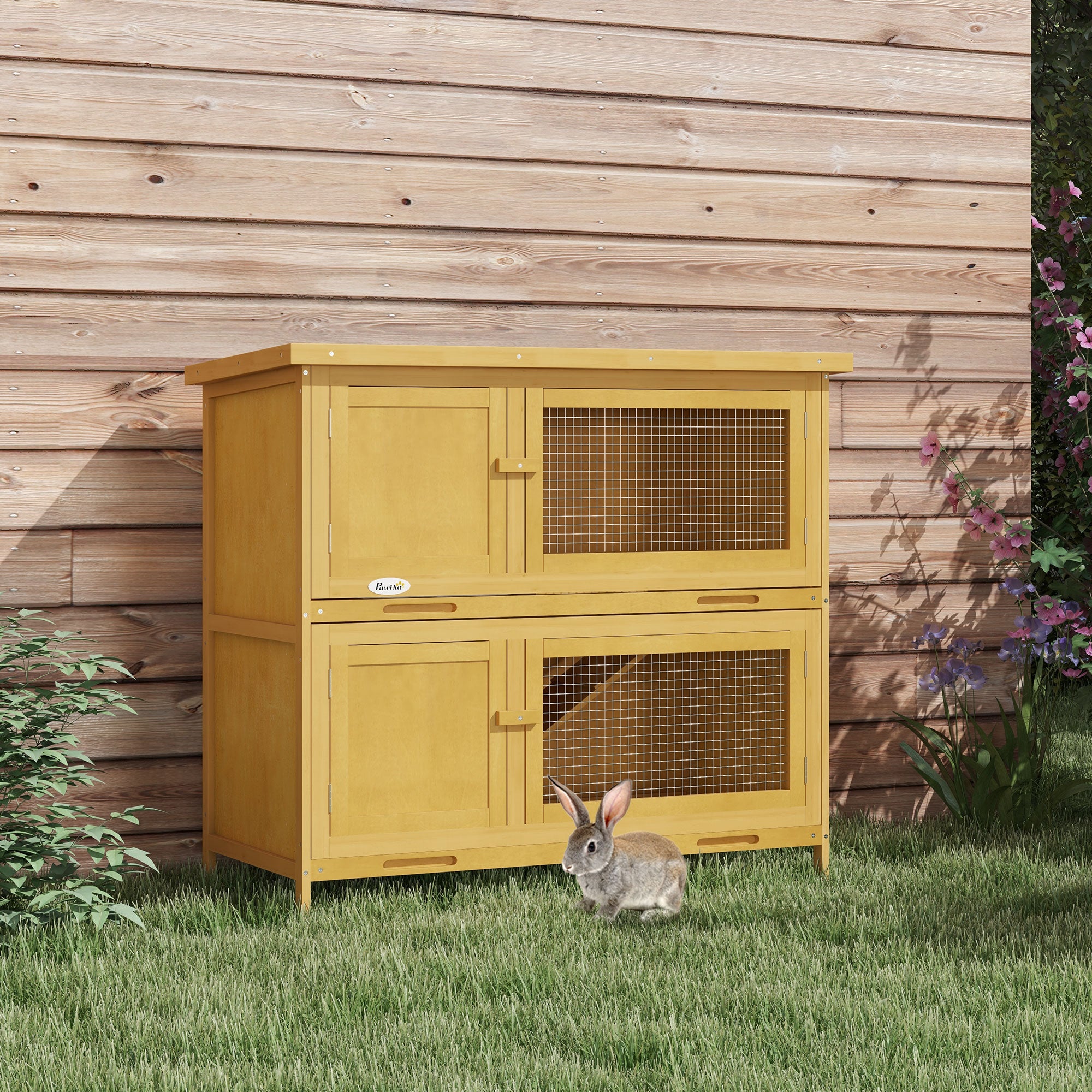 PawHut Rabbit Hutch, Wooden 2 Tier Bunny Guinea Pig Cage with Openable Top, Slide-out Tray, Ramp, Asphalt Roof, for 2 Rabbits Outdoor Backyard Use, Yellow