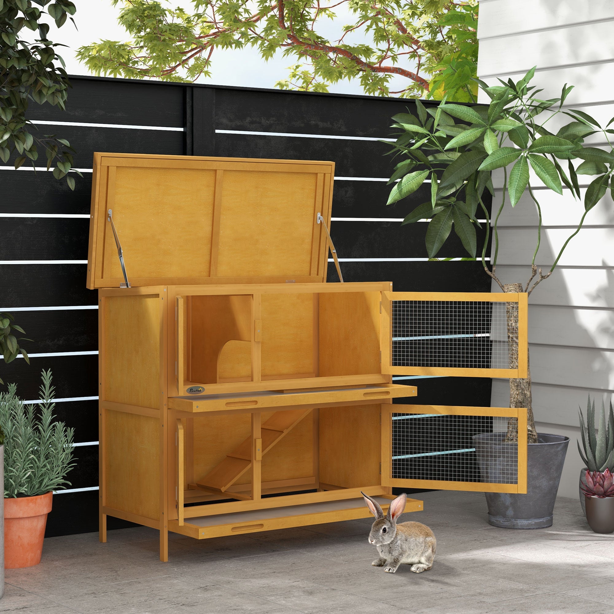 PawHut Rabbit Hutch, Wooden 2 Tier Bunny Guinea Pig Cage with Openable Top, Slide-out Tray, Ramp, Asphalt Roof, for 2 Rabbits Outdoor Backyard Use, Yellow