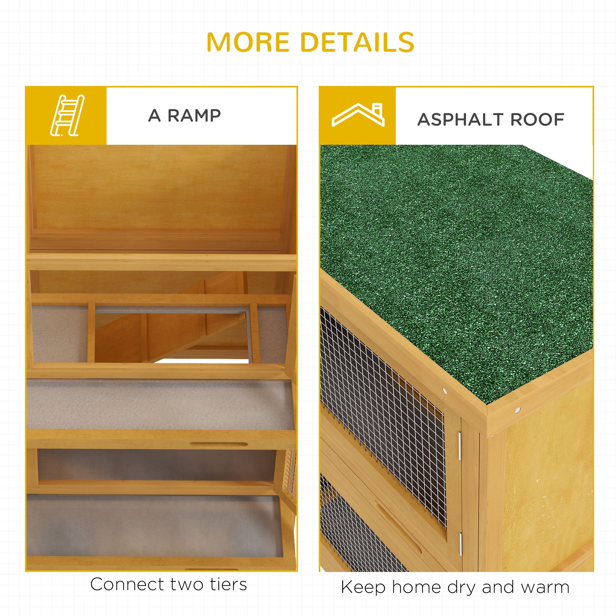 PawHut Rabbit Hutch, Wooden 2 Tier Bunny Guinea Pig Cage with Openable Top, Slide-out Tray, Ramp, Asphalt Roof, for 2 Rabbits Outdoor Backyard Use, Yellow