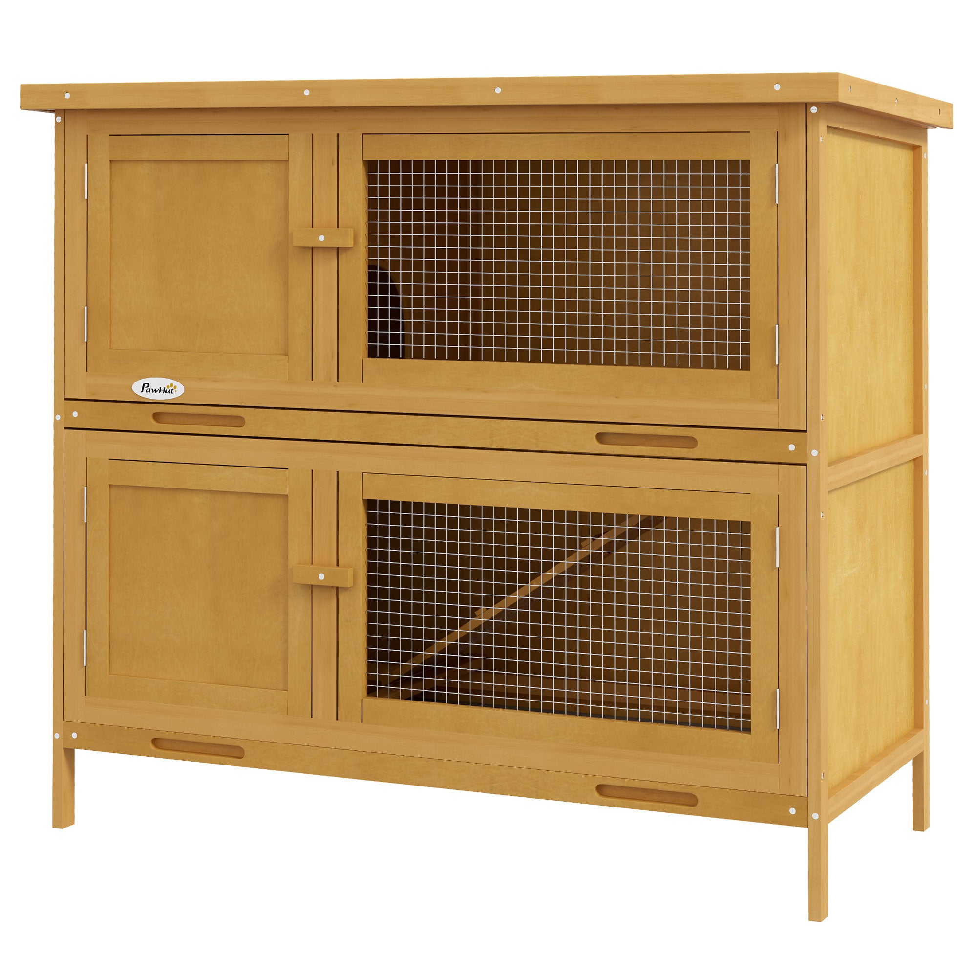 PawHut Rabbit Hutch  Guinea Pig Hutch Double Decker Pet Cage with Openable Roof, Divider, Ramp for Outdoor 100 x 47 x 91cm, Yellow
