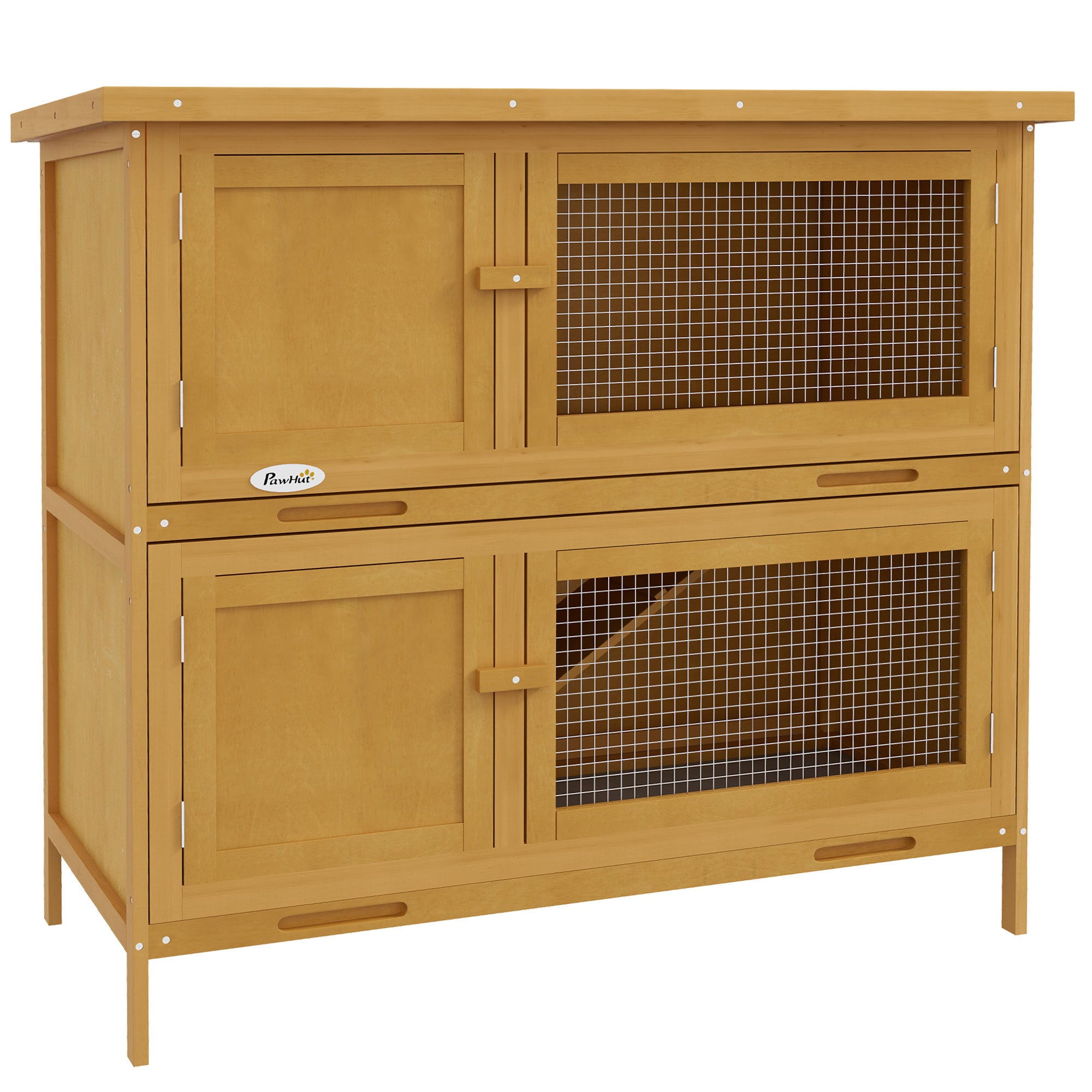 PawHut Rabbit Hutch  Guinea Pig Hutch Double Decker Pet Cage with Openable Roof, Divider, Ramp for Outdoor 100 x 47 x 91cm, Yellow