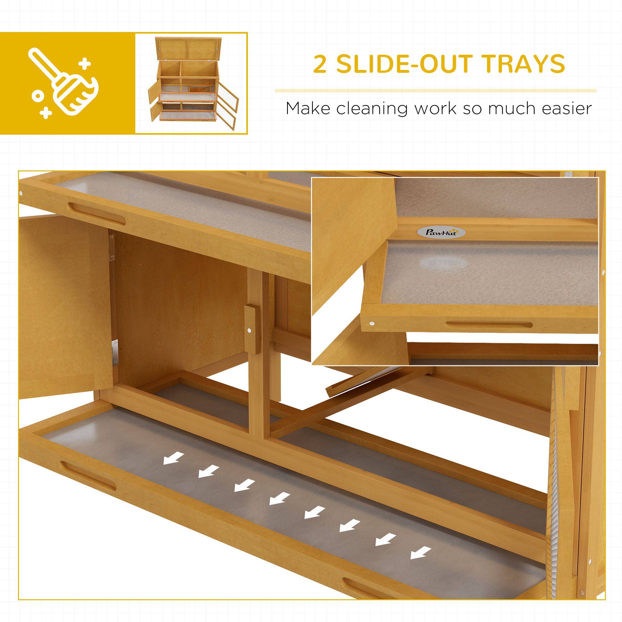 PawHut Rabbit Hutch, Wooden 2 Tier Bunny Guinea Pig Cage with Openable Top, Slide-out Tray, Ramp, Asphalt Roof, for 2 Rabbits Outdoor Backyard Use, Yellow