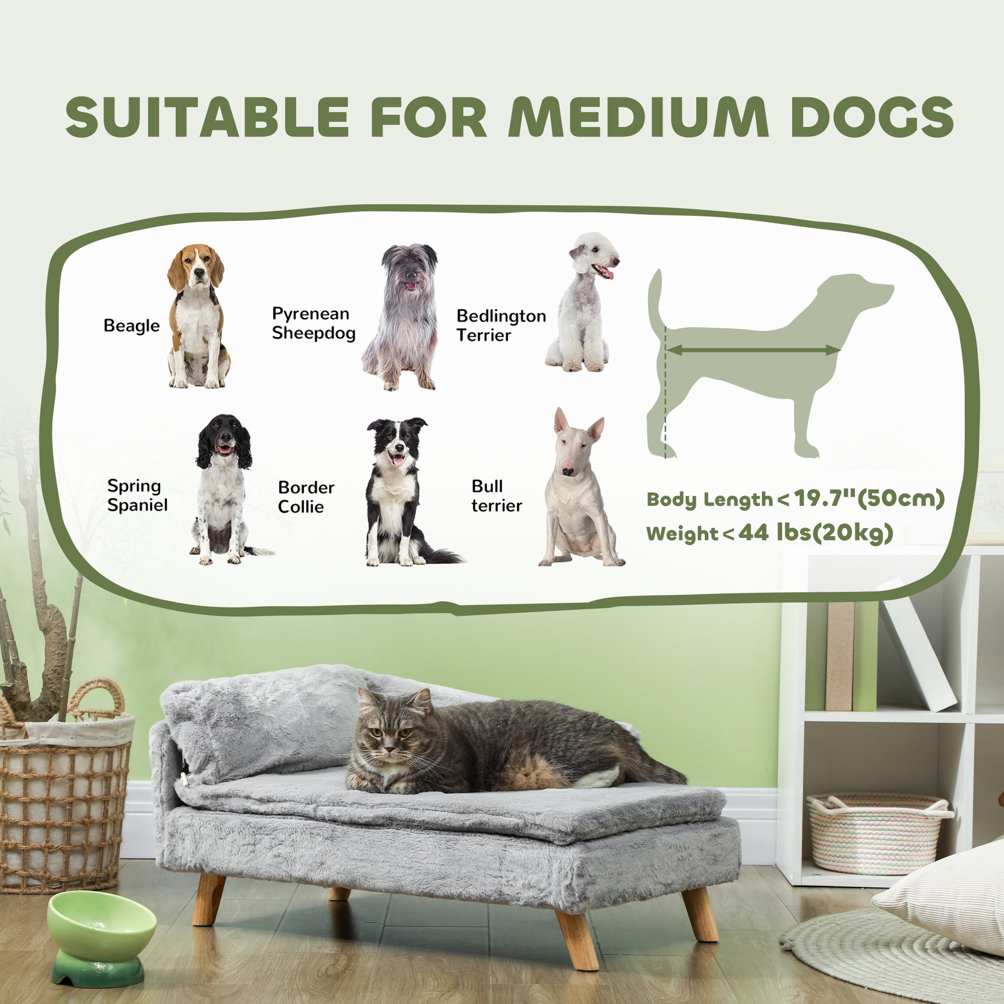 PawHut Dog Sofa, Dog Couch with Pillow, Pet Beds for Medium Dogs with Removable and Washable Cover, Non-slip Foot Pads, Elevated Pet Cat Sofa, 110 lbs Loading, Light Grey