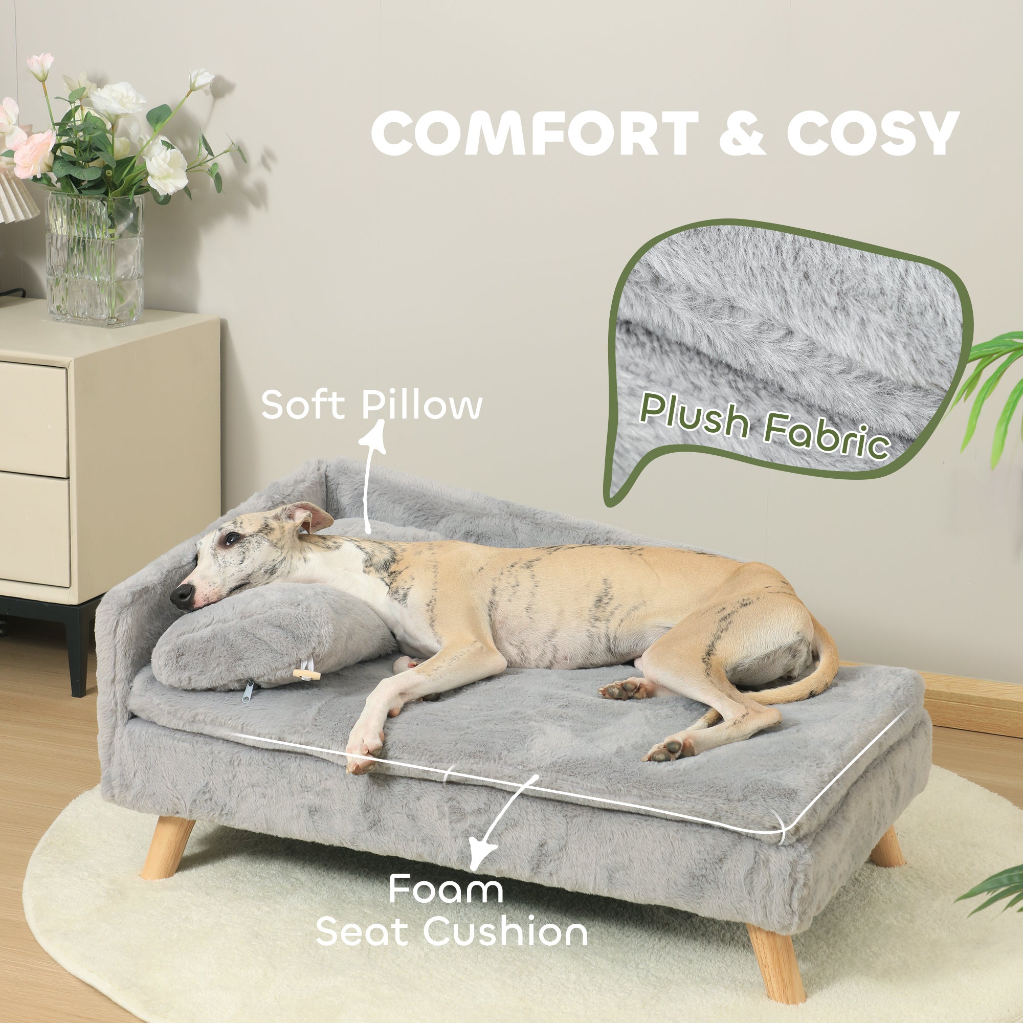 PawHut Dog Sofa, Dog Couch with Pillow, Pet Beds for Medium Dogs with Removable and Washable Cover, Non-slip Foot Pads, Elevated Pet Cat Sofa, 110 lbs Loading, Light Grey