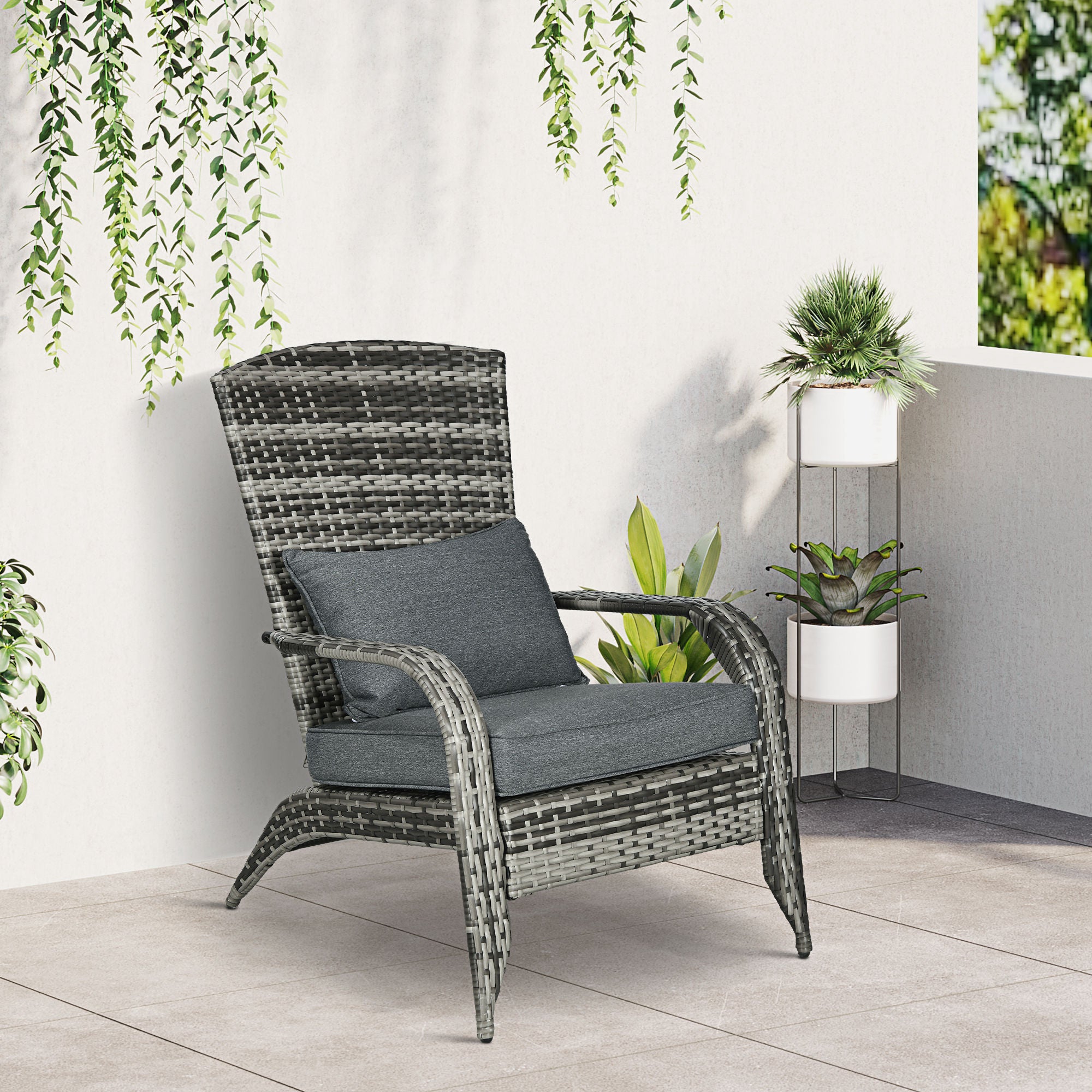 Outsunny Patio Wicker Adirondack Chair, Outdoor PE Rattan Fire Pit Chair, Muskoka Chair w/ Soft Cushions, Tall Curved Backrest and Comfortable Armrests for Deck or Garden, Grey