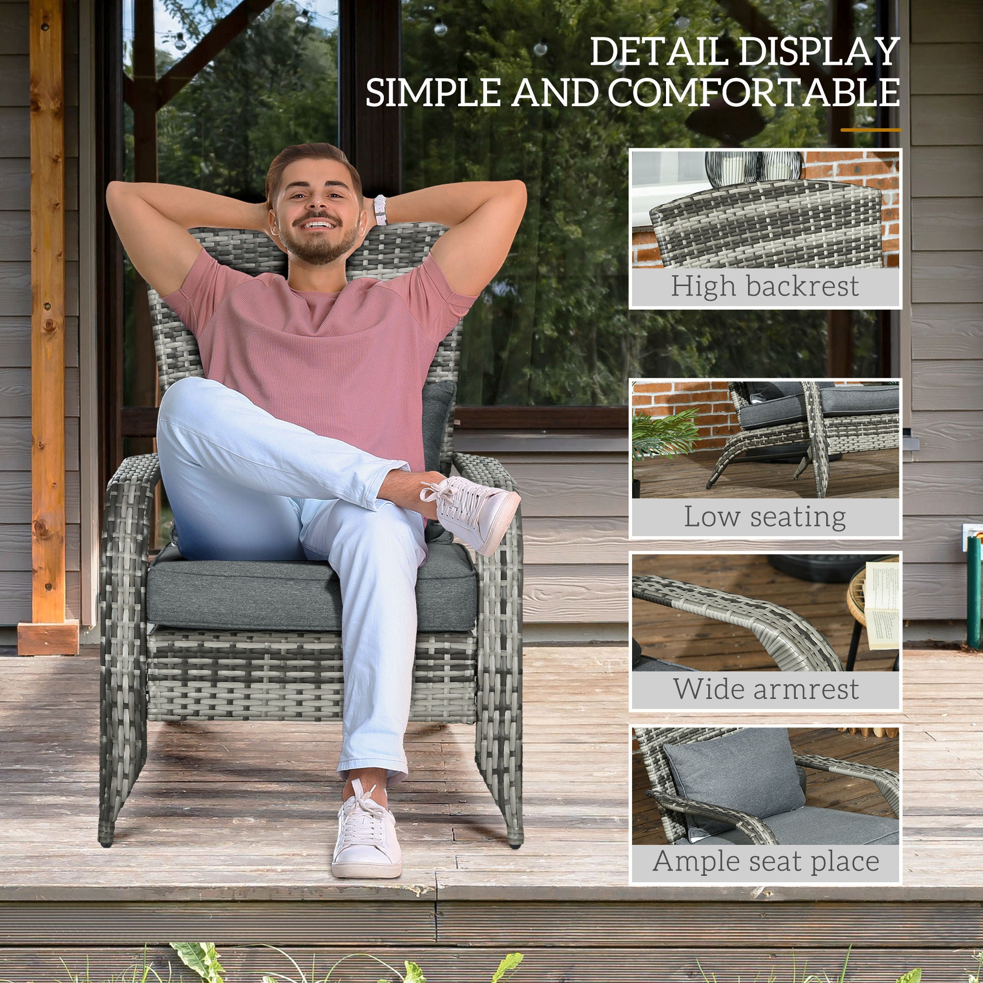 Outsunny Patio Wicker Adirondack Chair, Outdoor PE Rattan Fire Pit Chair, Muskoka Chair w/ Soft Cushions, Tall Curved Backrest and Comfortable Armrests for Deck or Garden, Grey