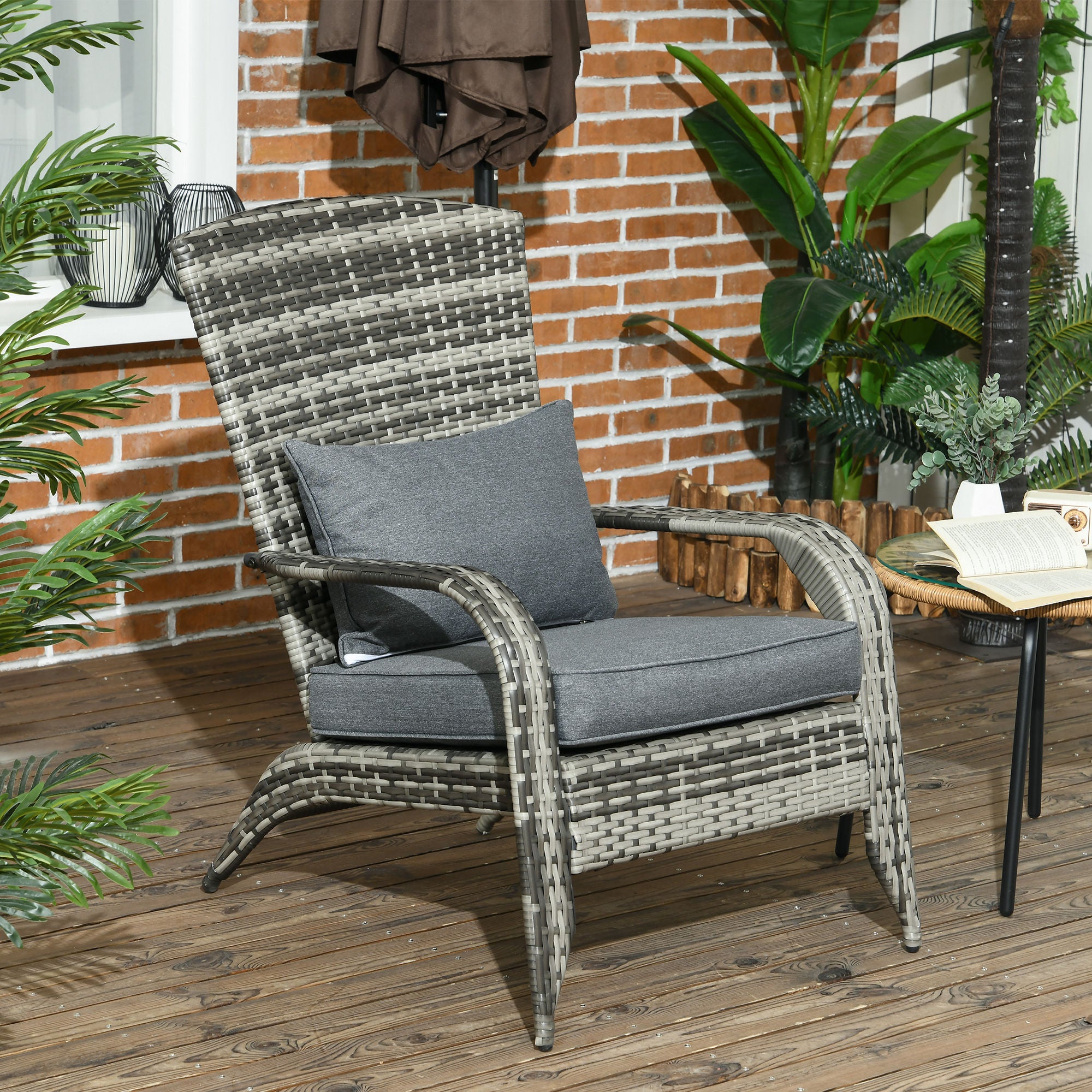 Outsunny Patio Wicker Adirondack Chair, Outdoor PE Rattan Fire Pit Chair, Muskoka Chair w/ Soft Cushions, Tall Curved Backrest and Comfortable Armrests for Deck or Garden, Grey