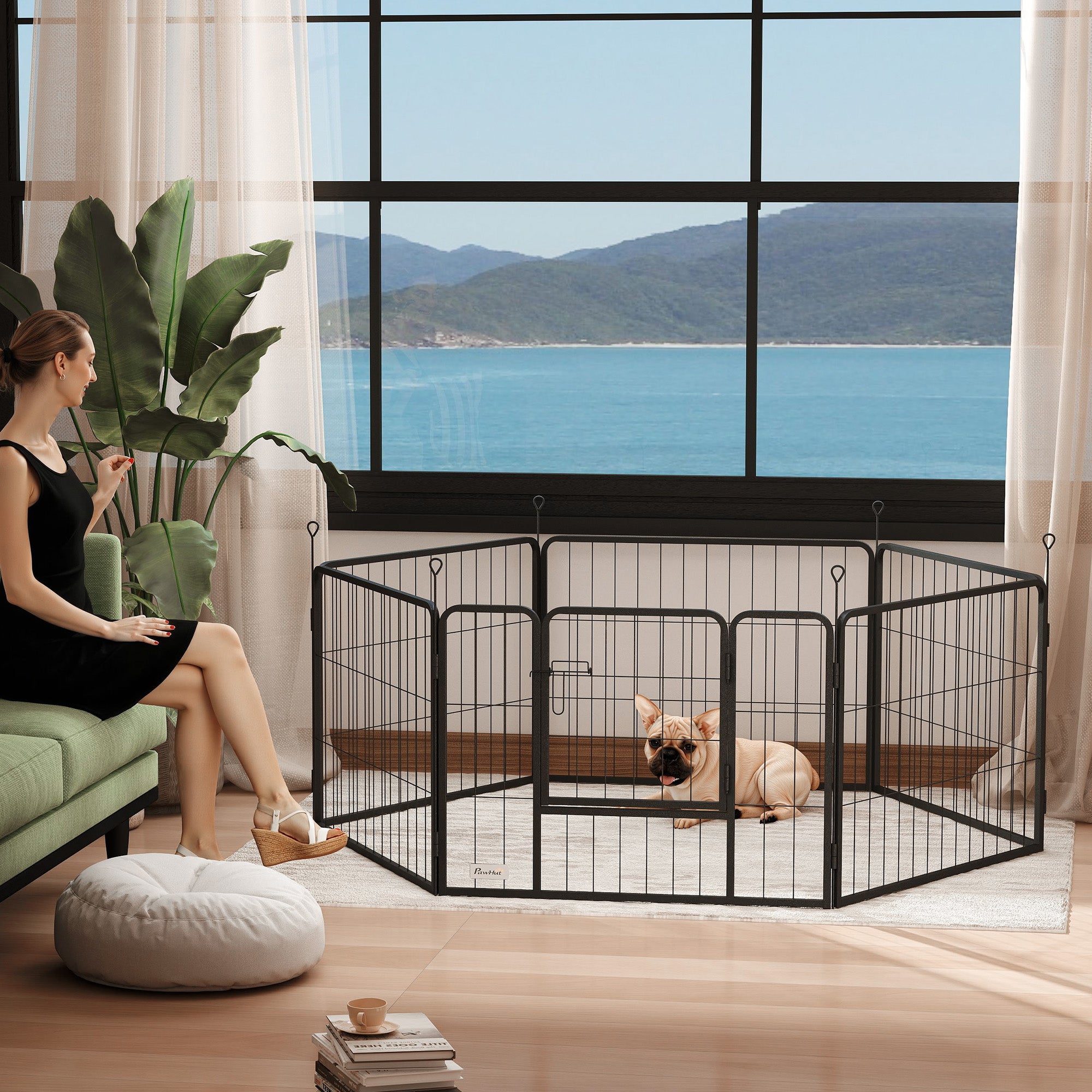 PawHut Dog Playpen, Heavy-duty Metal Puppy Play Pen, Pet Exercise Fences for Outside and Indoor, DIY Design with Door for Multiple Dogs, 6 Panels, 23.5"H