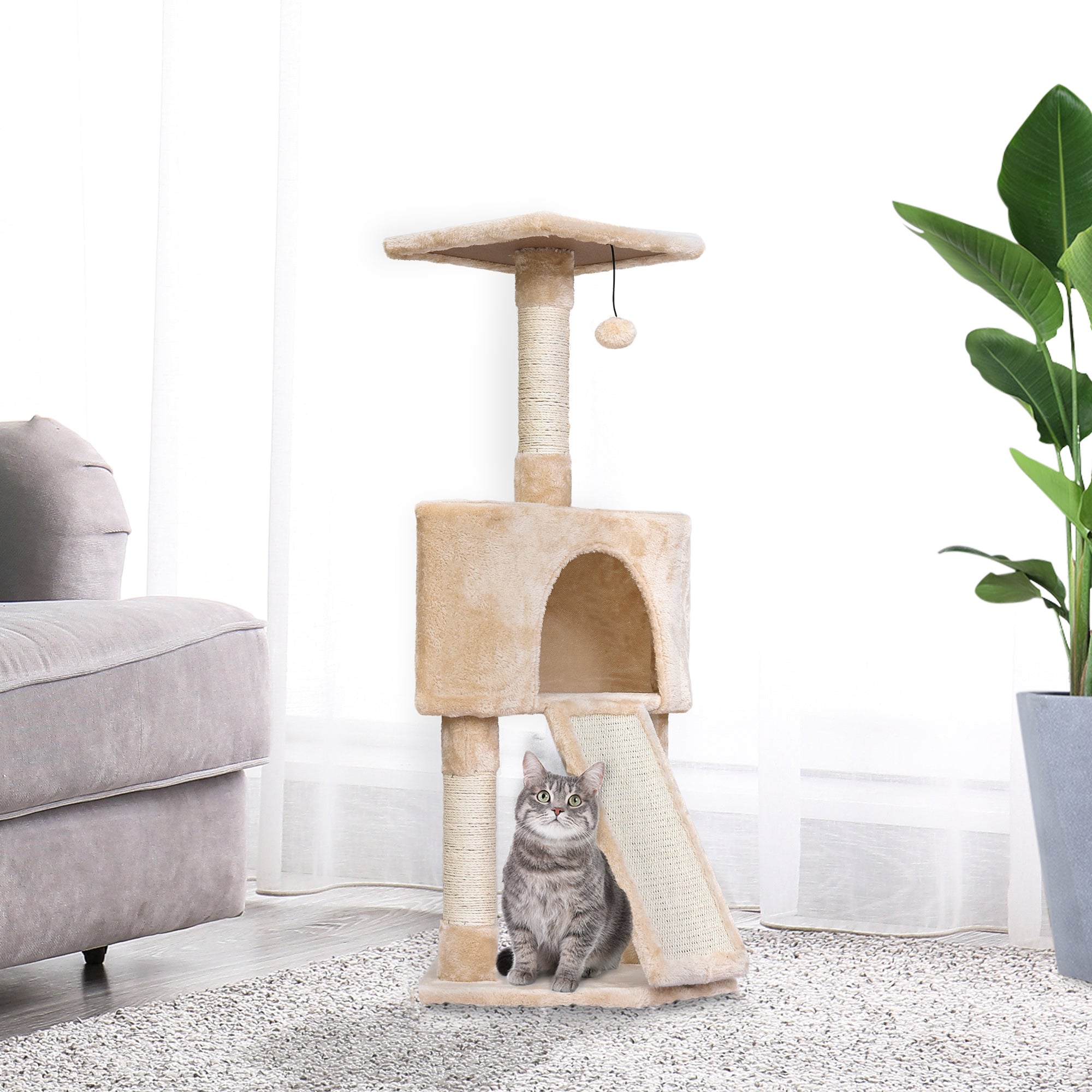 PawHut Corner Cat Tree for Indoor Cats, Kitten Tower with Scratching Post House Ladder Toy - Beige
