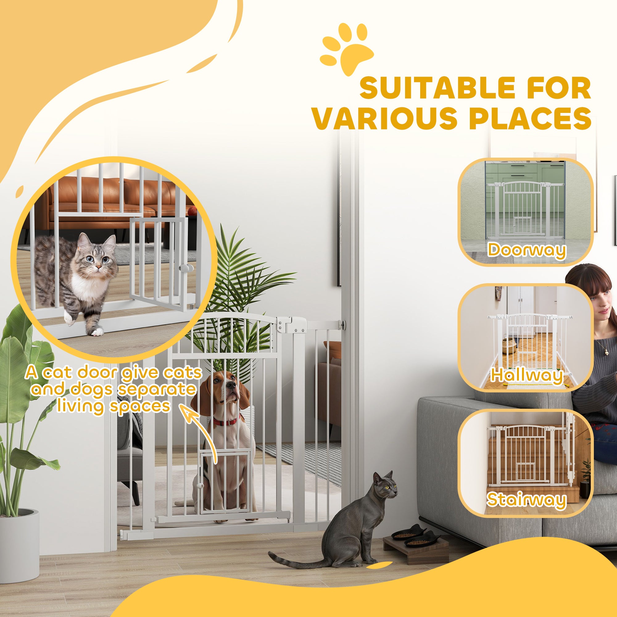 PawHut Pet Gate Indoor with Cat Door, 30"-41" Dog Gate, Extra Wide Walk Through Puppy Gate, 3-Inch and 5.5-Inch Extension Kits, Pressure or Hardware Mounted for Stairway, Doorway, Hallway, 30" High