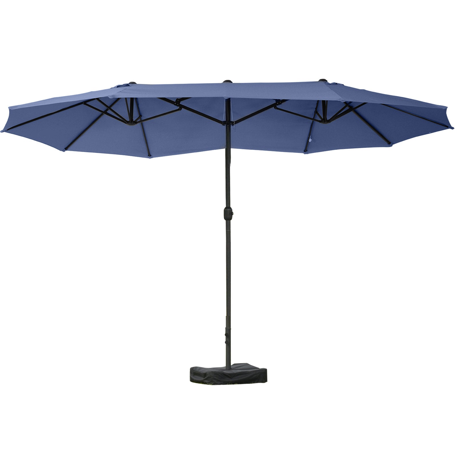 Outsunny 15' Outdoor Patio Umbrella with Twin Canopy Sunshade Steel Table Umbrella with Lift Crank, Cross base, Sandbag, Dark Blue