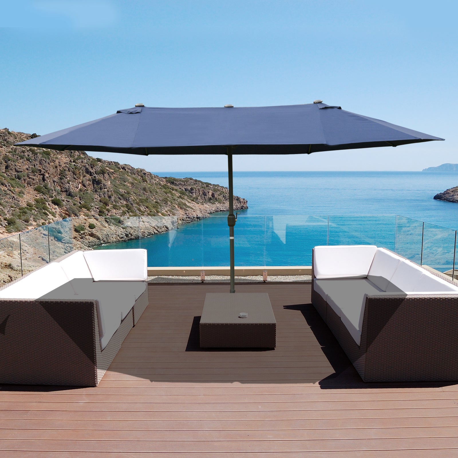 Outsunny 15' Outdoor Patio Umbrella with Twin Canopy Sunshade Steel Table Umbrella with Lift Crank, Cross base, Sandbag, Dark Blue