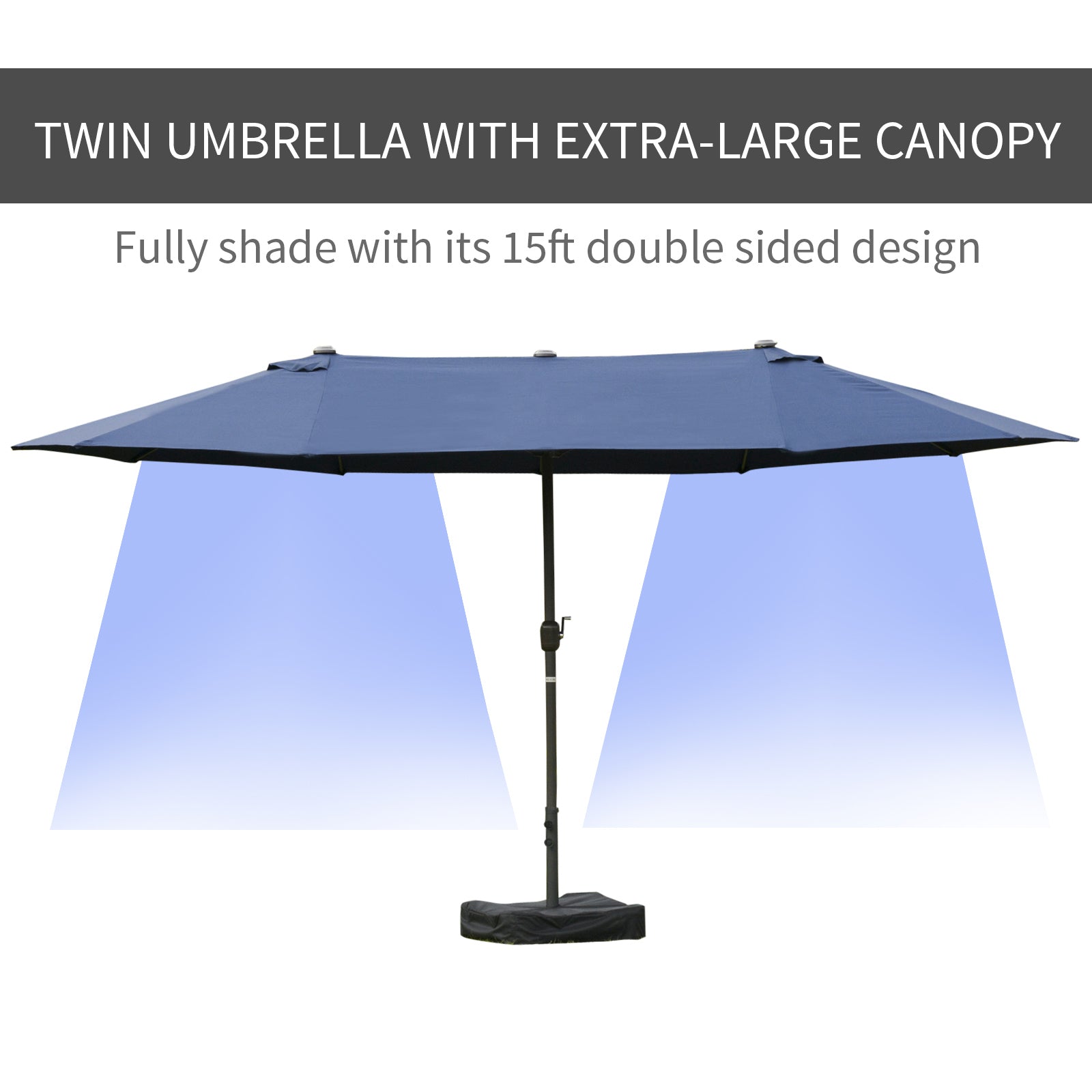 Outsunny 15' Outdoor Patio Umbrella with Twin Canopy Sunshade Steel Table Umbrella with Lift Crank, Cross base, Sandbag, Dark Blue