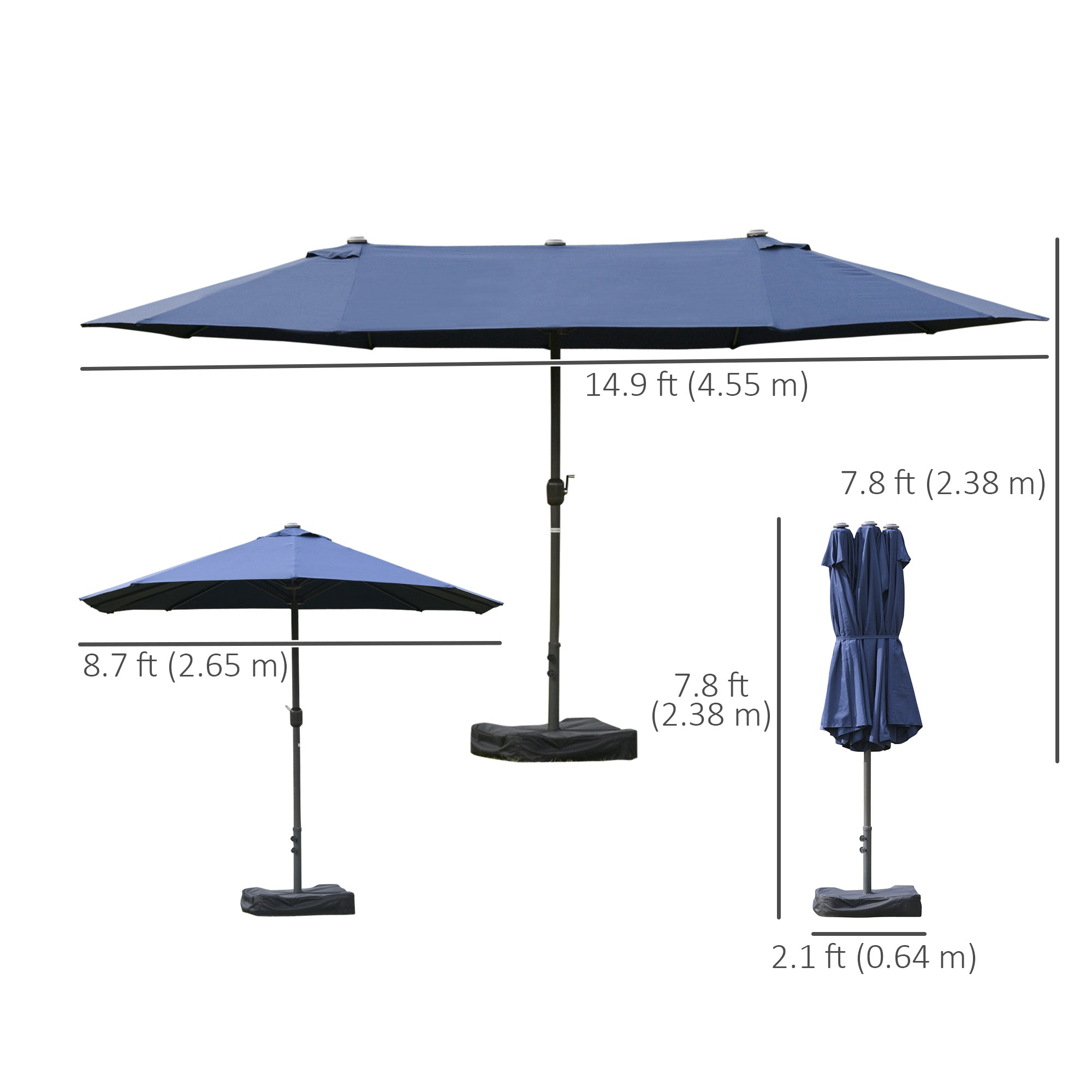 Outsunny 15' Outdoor Patio Umbrella with Twin Canopy Sunshade Steel Table Umbrella with Lift Crank, Cross base, Sandbag, Dark Blue
