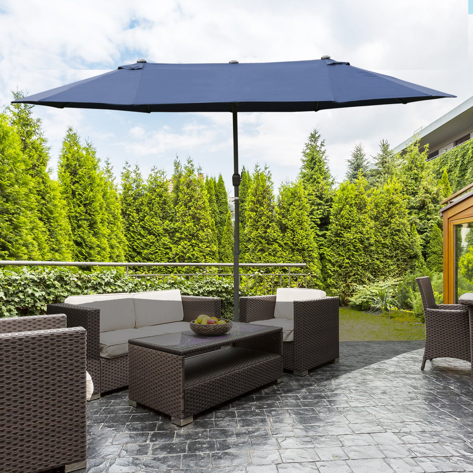 Outsunny 15' Outdoor Patio Umbrella with Twin Canopy Sunshade Steel Table Umbrella with Lift Crank, Cross base, Sandbag, Dark Blue