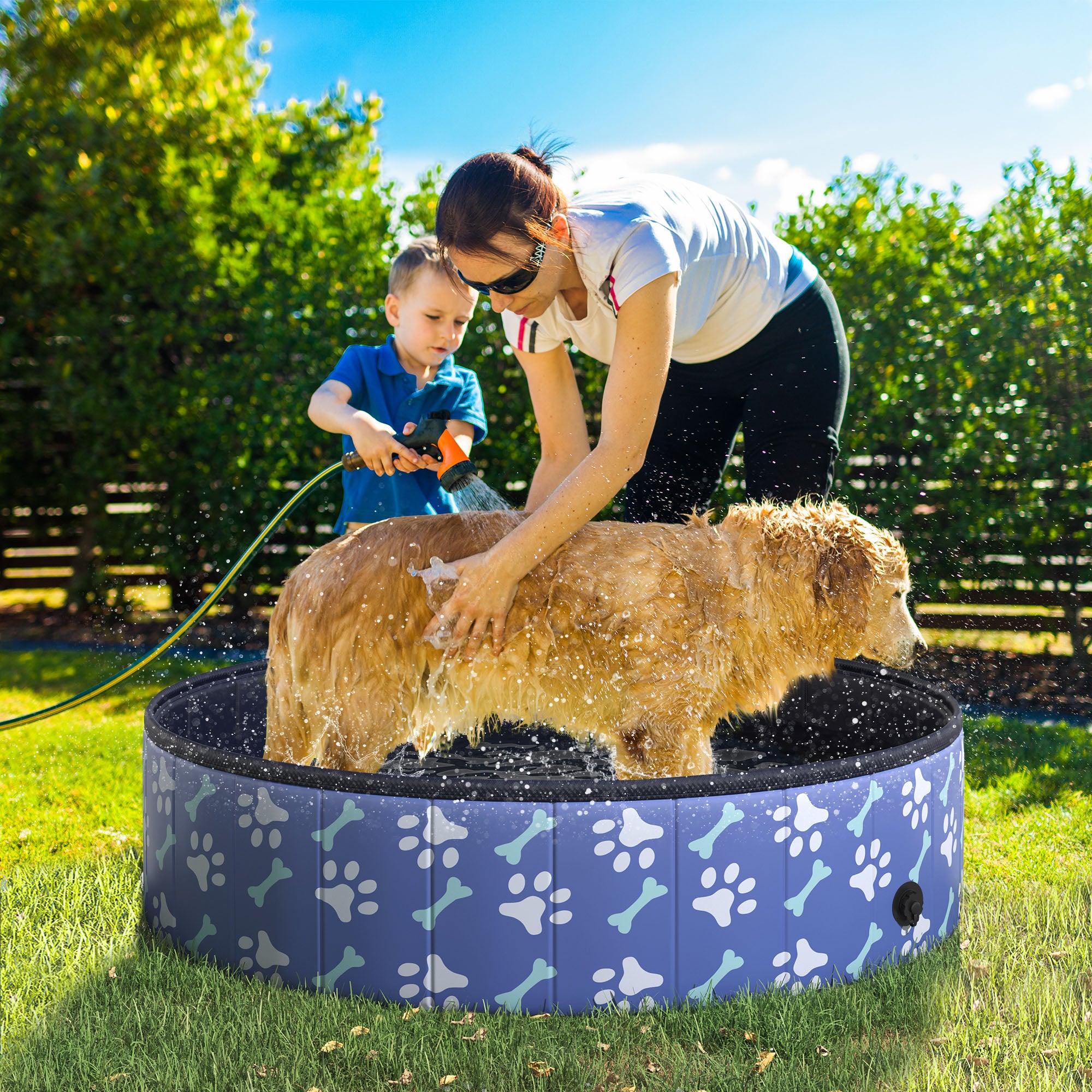 PawHut Folding Dog Pool Portable Pet Kiddie Swimming Pool, Outdoor/Indoor Puppy Bath Tub with Nonslip Bottom for Dogs & Cats,  (Φ47", Blue)