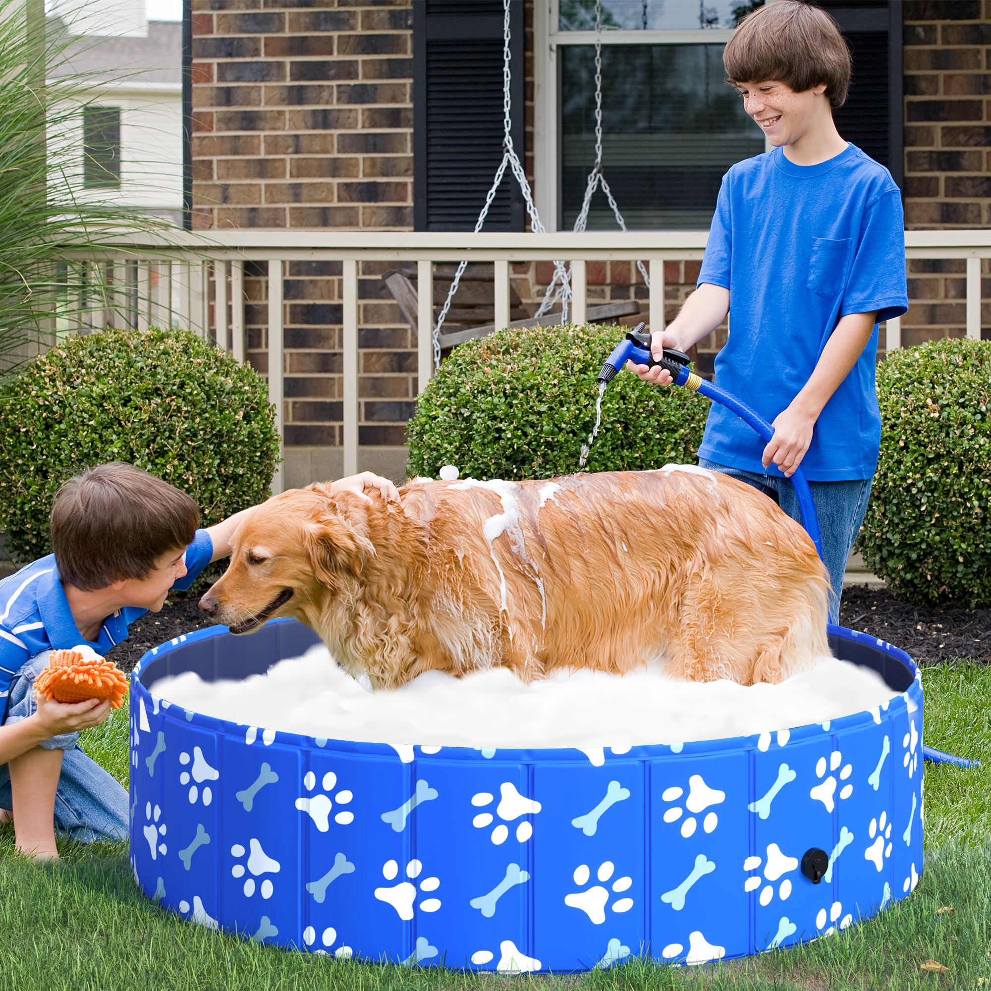 PawHut Foldable Dog Paddling Pool Pet Cat Swimming Pool Indoor/Outdoor Collapsible Bathing Tub Shower Tub Puppy Φ120 × 30H cm L Sized