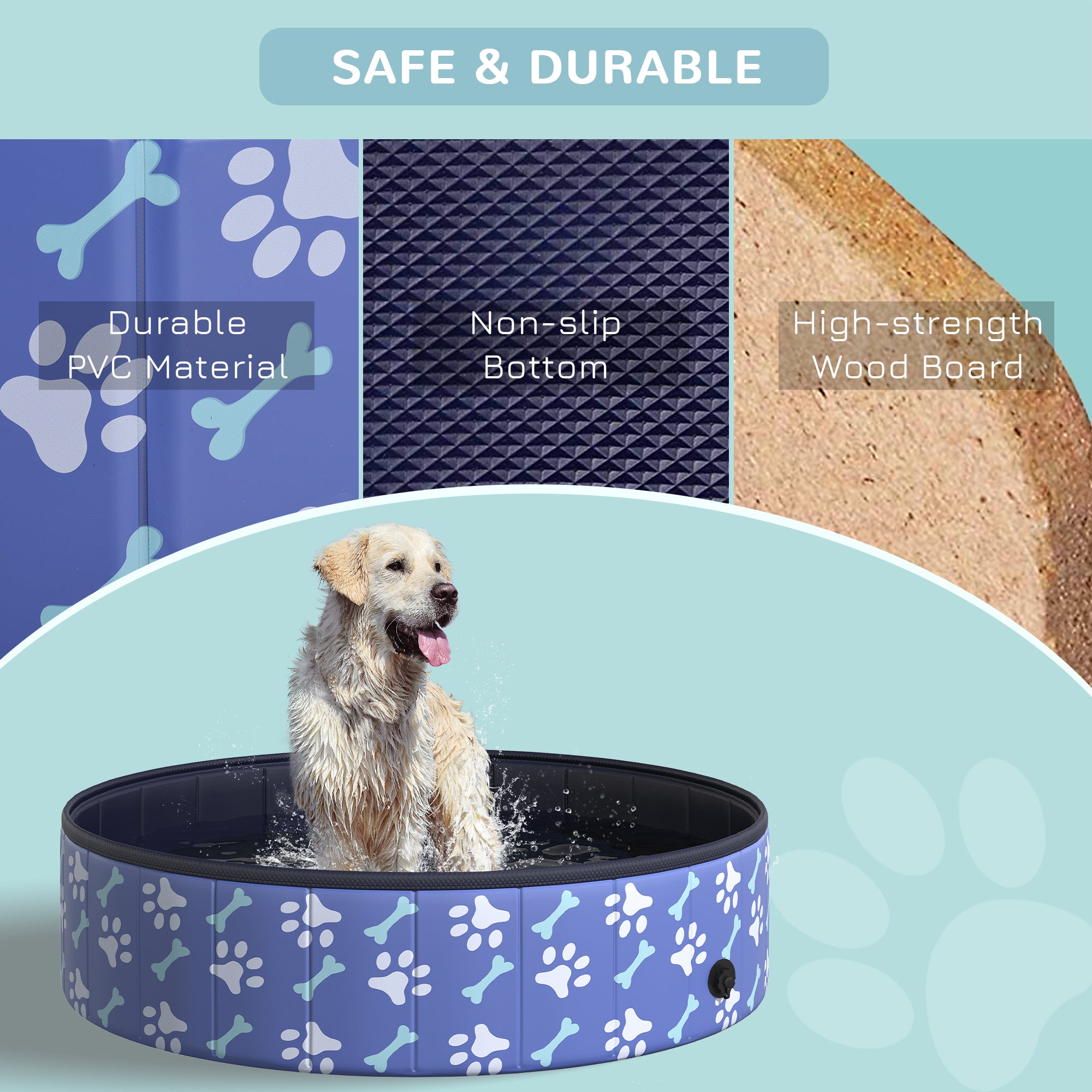 PawHut Folding Dog Pool Portable Pet Kiddie Swimming Pool, Outdoor/Indoor Puppy Bath Tub with Nonslip Bottom for Dogs & Cats,  (Φ47", Blue)