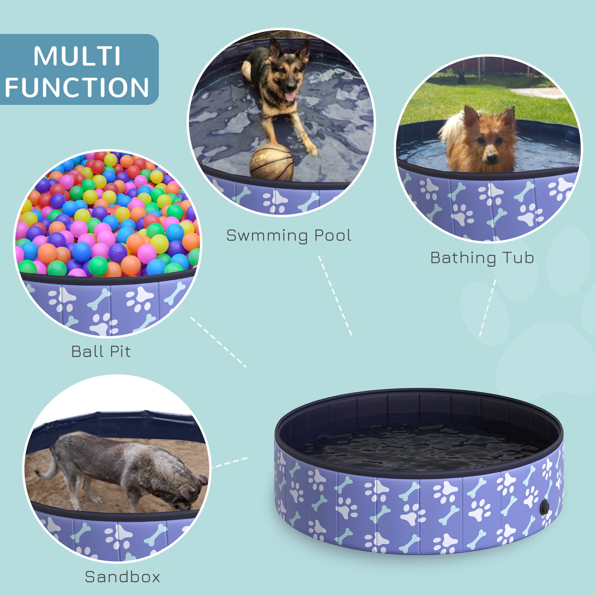 PawHut Folding Dog Pool Portable Pet Kiddie Swimming Pool, Outdoor/Indoor Puppy Bath Tub with Nonslip Bottom for Dogs & Cats,  (Φ47", Blue)
