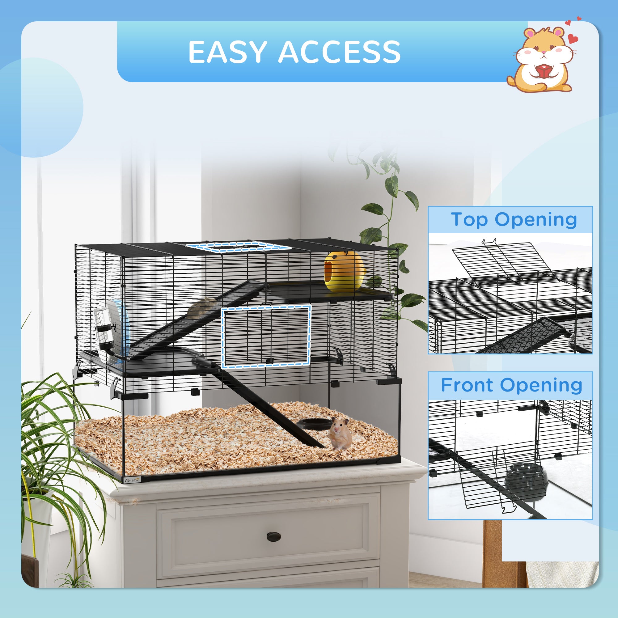 PawHut Hamster Cage, Gerbil Cage with Glass Basin, Ramps, Platforms, Hut, Exercise Wheel, for Syrian and Dwarf Hamsters, Black, L