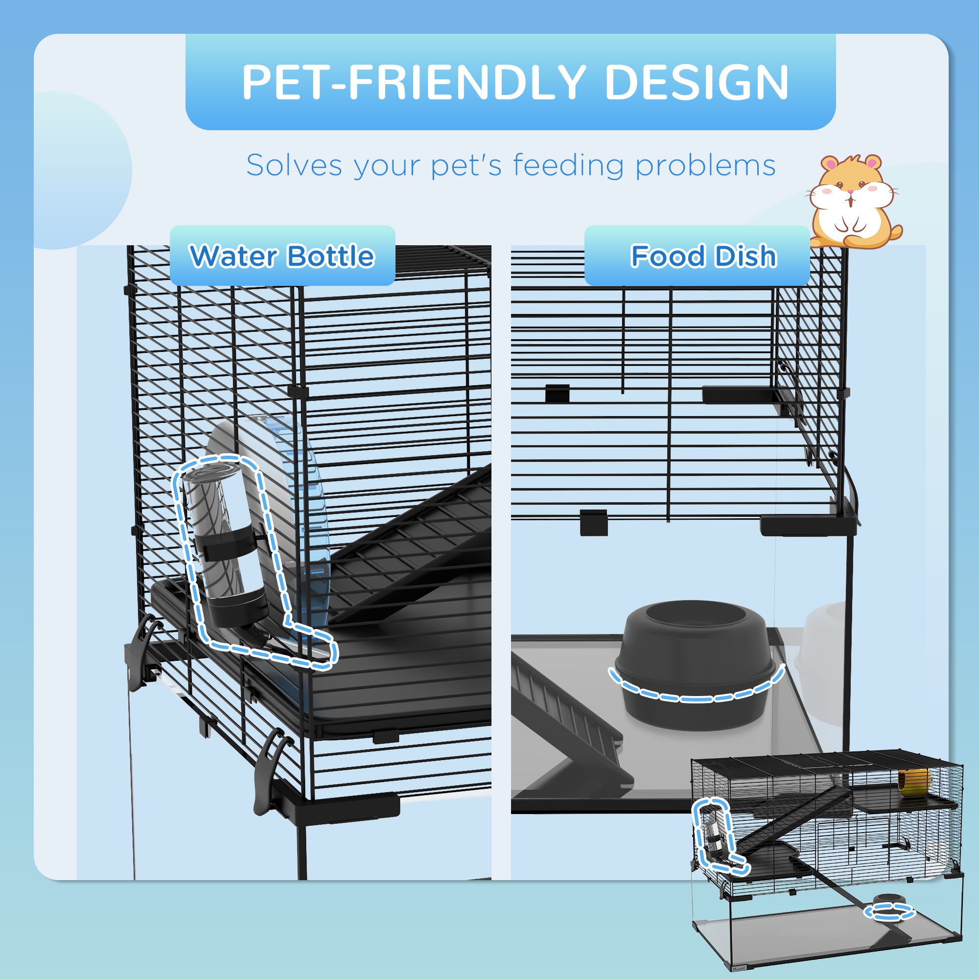 PawHut Hamster Cage, Gerbil Cage with Glass Basin, Ramps, Platforms, Hut, Exercise Wheel, for Syrian and Dwarf Hamsters, Black, L