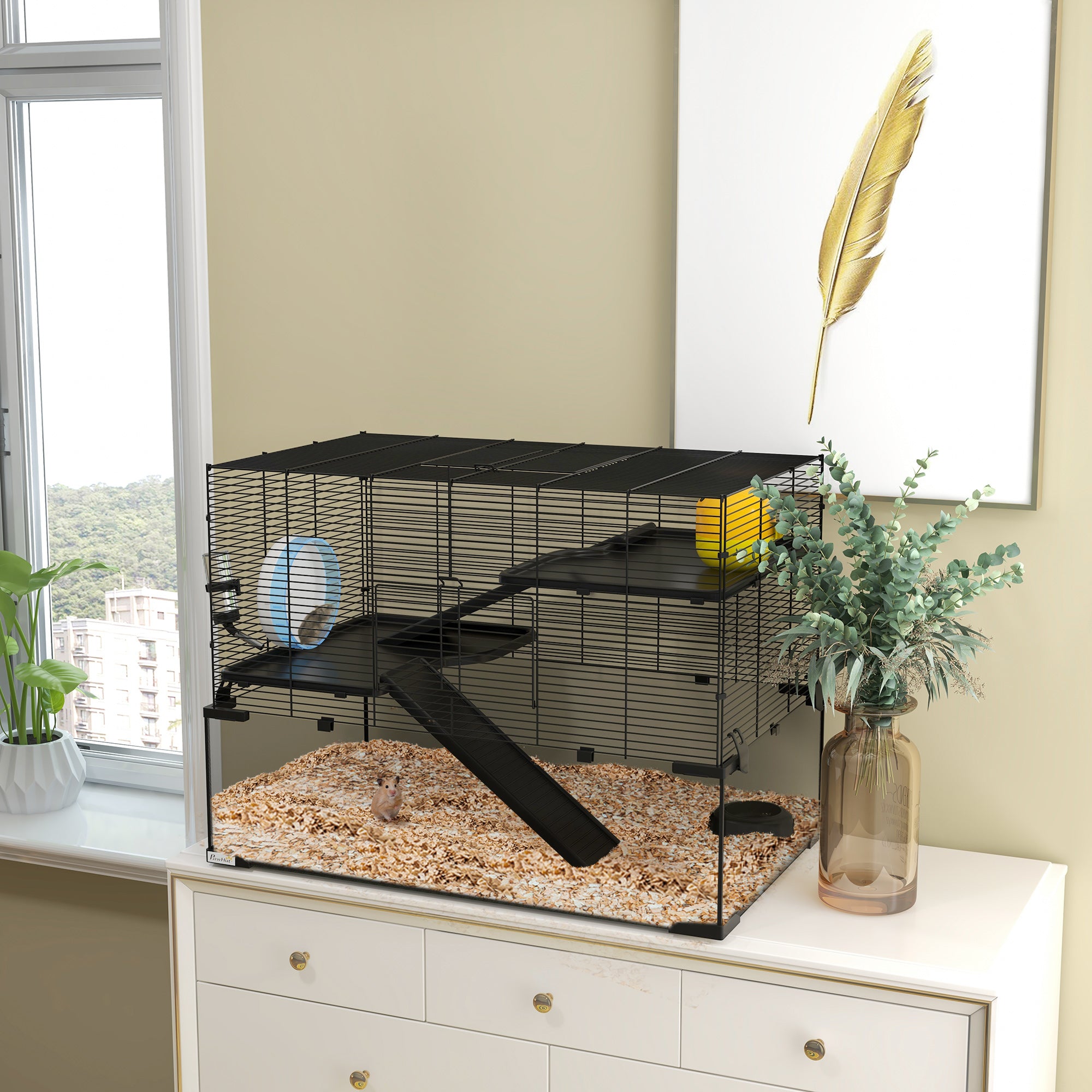 PawHut 3 Tiers Hamster Cage, Gerbil Cage with Deep Glass Bottom, Non-Slip Ramps, Platforms, Hut, Exercise Wheels, Water Bottle, Dish, for Syrian Hamster, Dwarf Hamster, 78.5 x 48.5 x 57cm