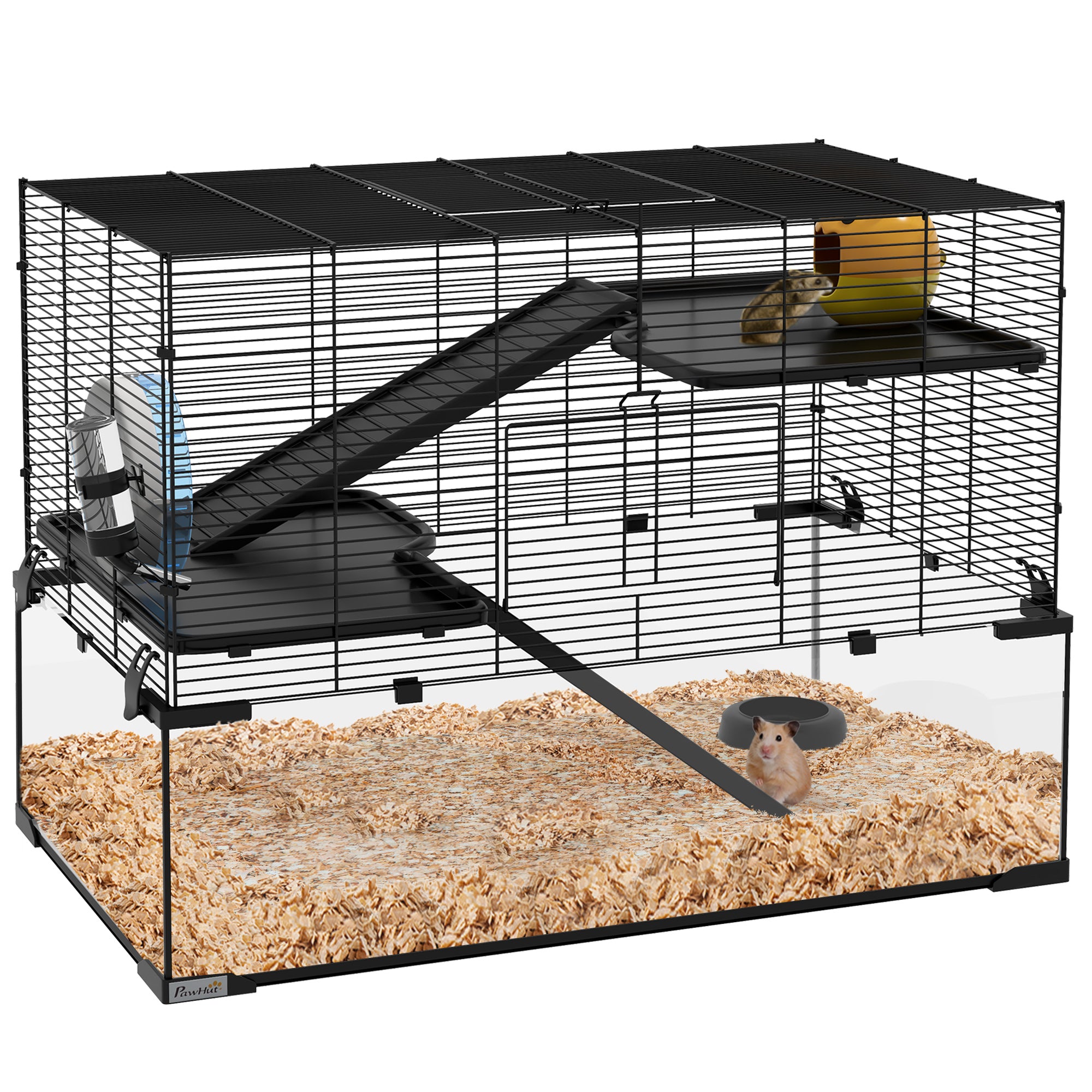 PawHut Hamster Cage, Gerbil Cage with Glass Basin, Ramps, Platforms, Hut, Exercise Wheel, for Syrian and Dwarf Hamsters, Black, L