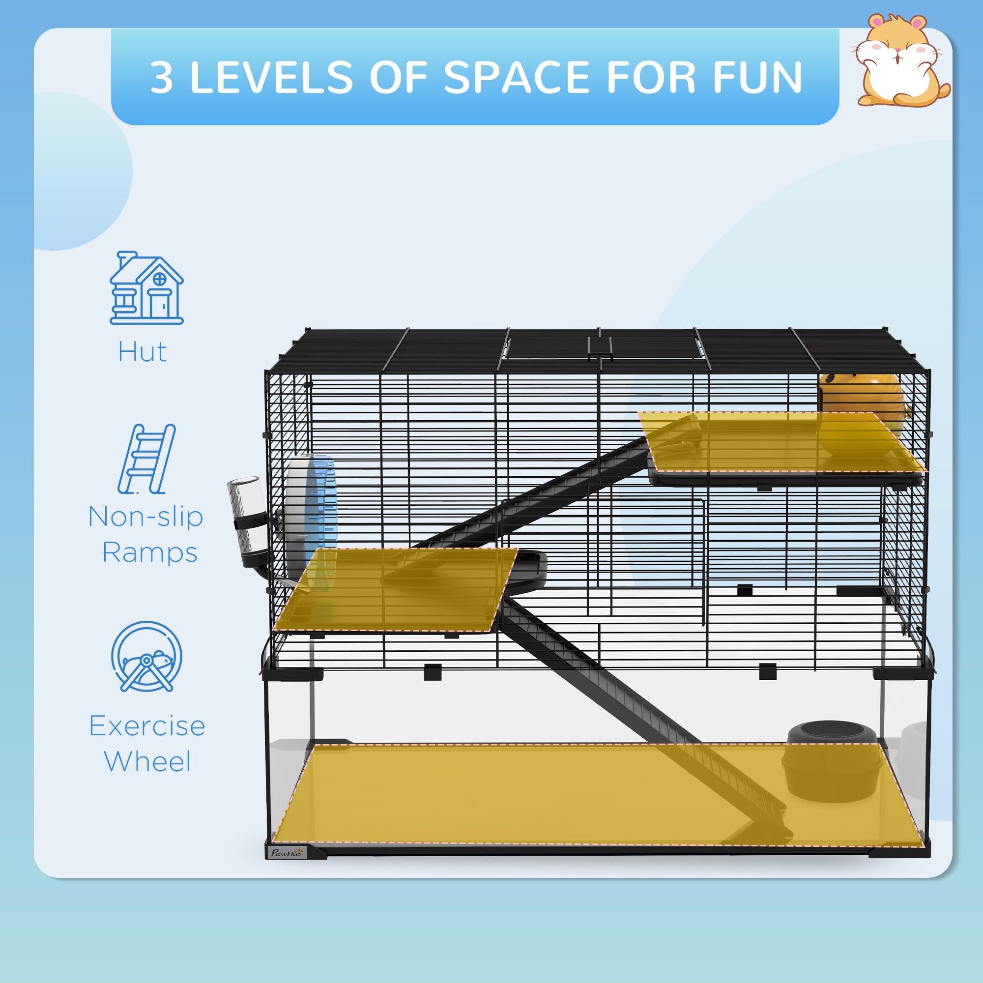 PawHut Hamster Cage, Gerbil Cage with Glass Basin, Ramps, Platforms, Hut, Exercise Wheel, for Syrian and Dwarf Hamsters, Black, L