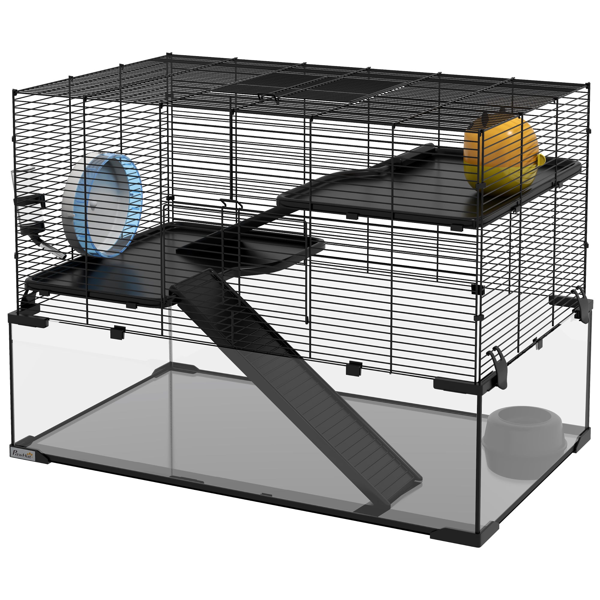 PawHut Hamster Cage, Gerbil Cage with Glass Basin, Ramps, Platforms, Hut, Exercise Wheel, for Syrian and Dwarf Hamsters, Black, L