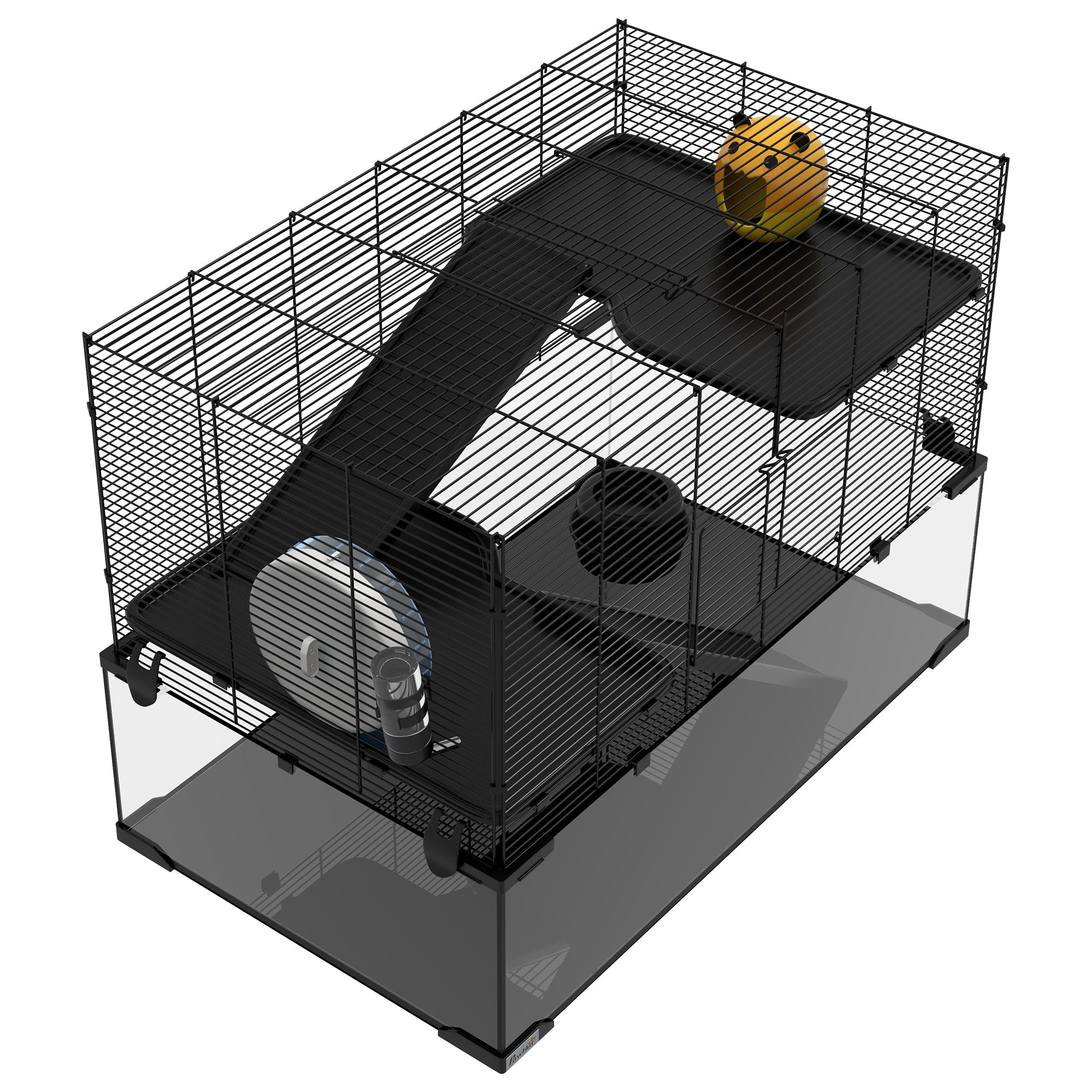 PawHut Hamster Cage, Gerbil Cage with Glass Basin, Ramps, Platforms, Hut, Exercise Wheel, for Syrian and Dwarf Hamsters, Black, L