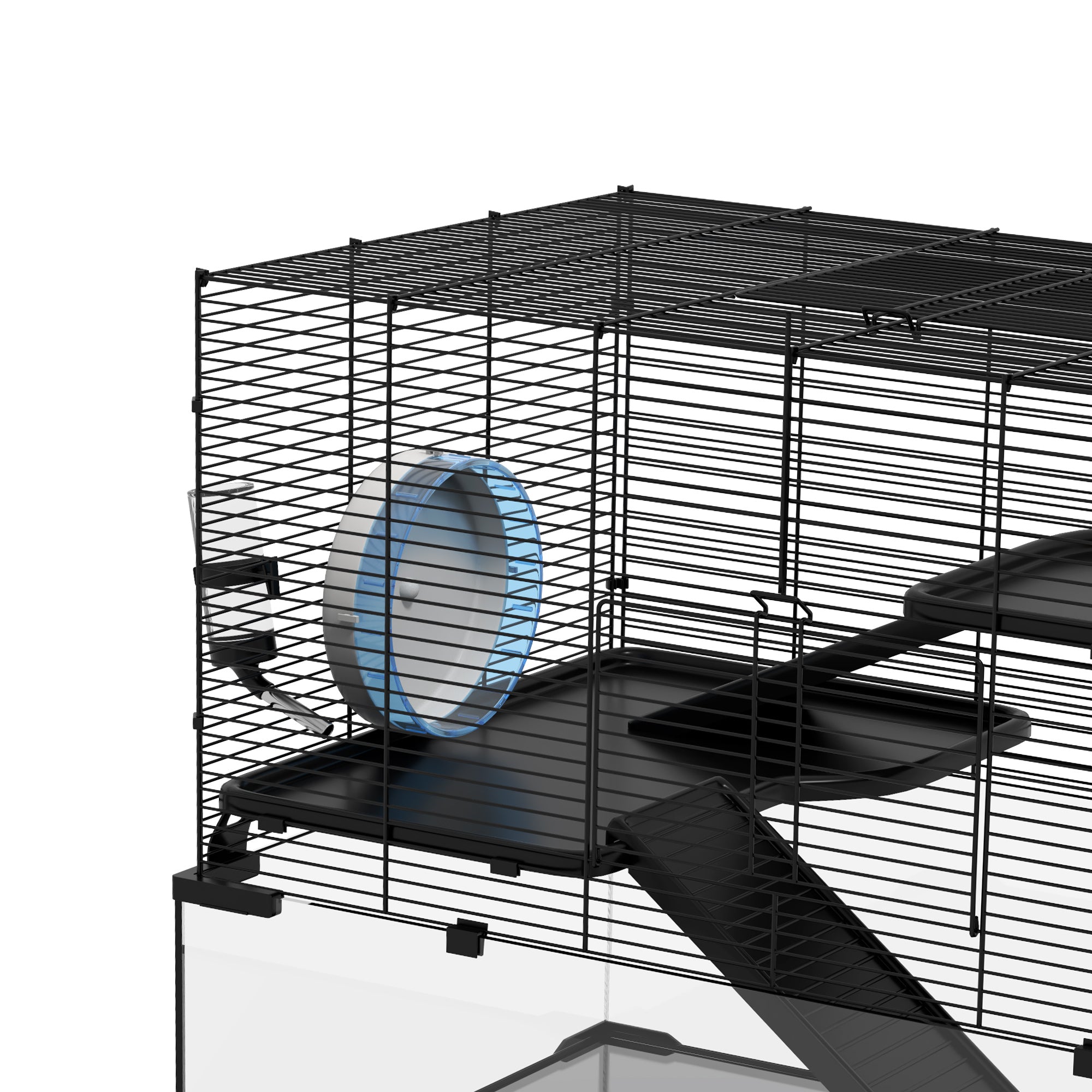 PawHut Hamster Cage, Gerbil Cage with Glass Basin, Ramps, Platforms, Hut, Exercise Wheel, for Syrian and Dwarf Hamsters, Black, L