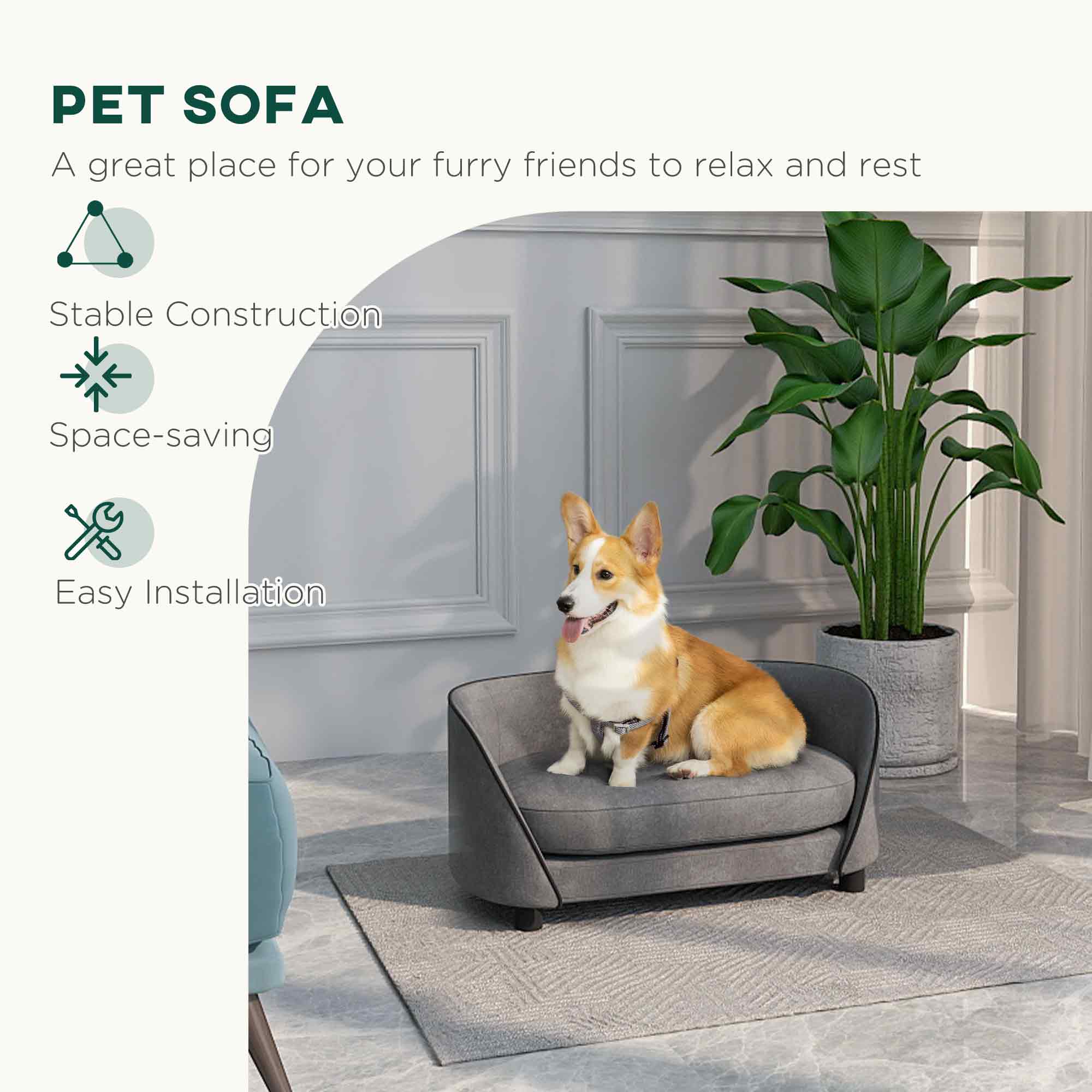 PawHut Dog Sofa Pet Couch Dog Bed with Soft Cushion, Removable Washable Cover, Velvet Touch, for Small to Medium Sized Dogs, Grey