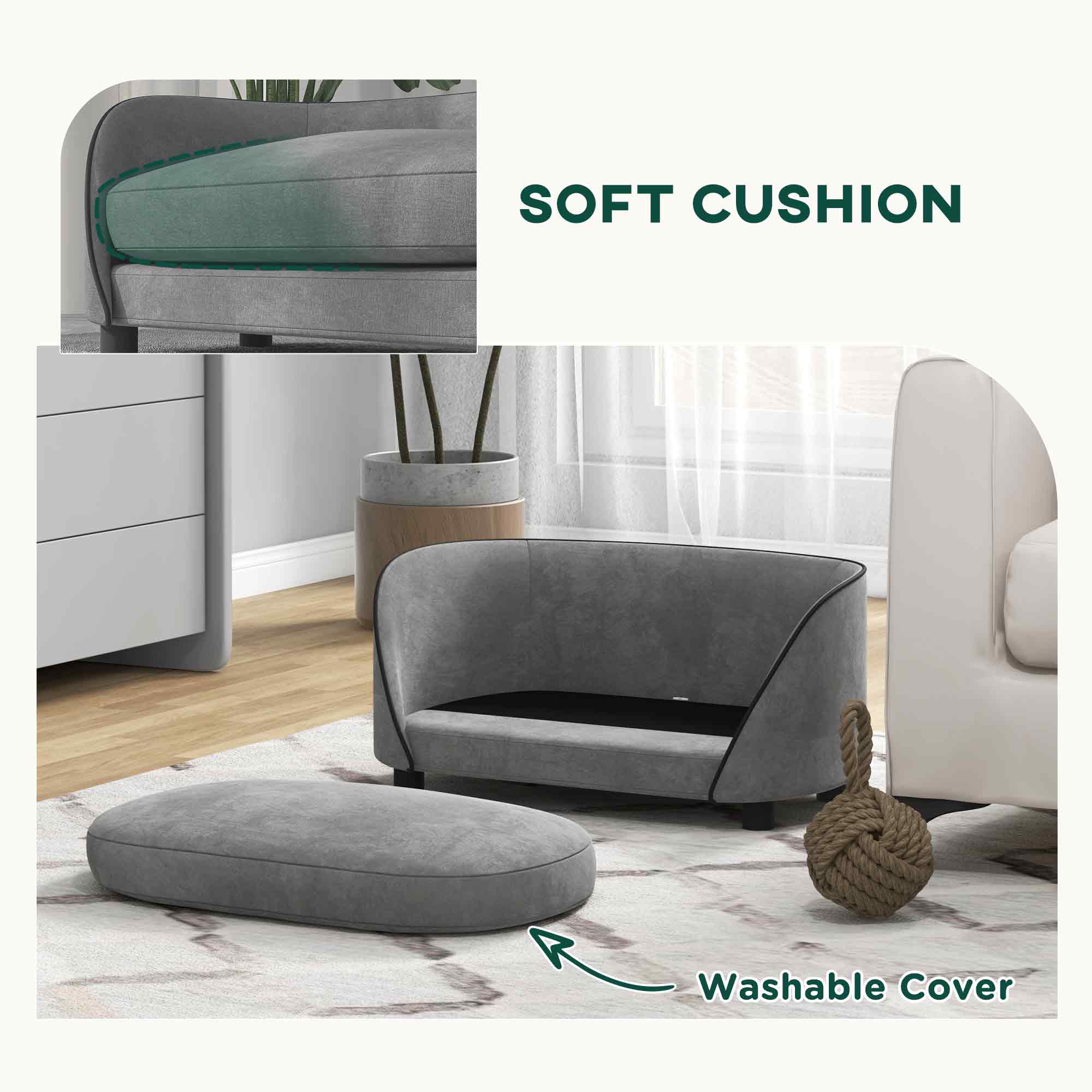 PawHut Dog Sofa Pet Couch Dog Bed with Soft Cushion, Removable Washable Cover, Velvet Touch, for Small to Medium Sized Dogs, Grey