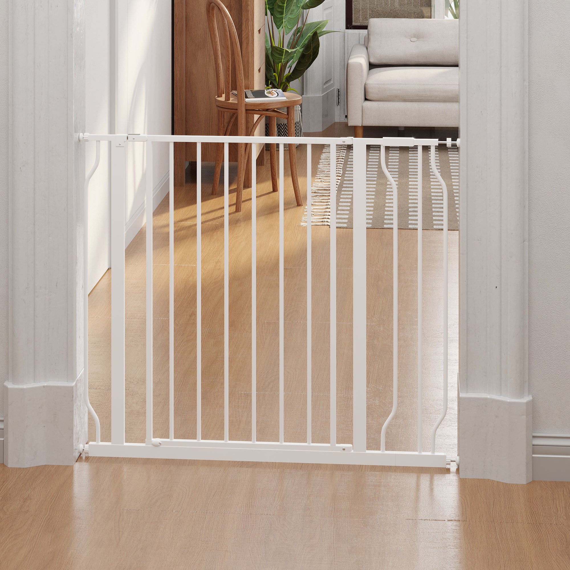 PawHut Dog Gate Wide Stair Gate w/ Door Pressure Fit Pets Barrier for Doorway, Hallway, 76H x 75-95W cm - White