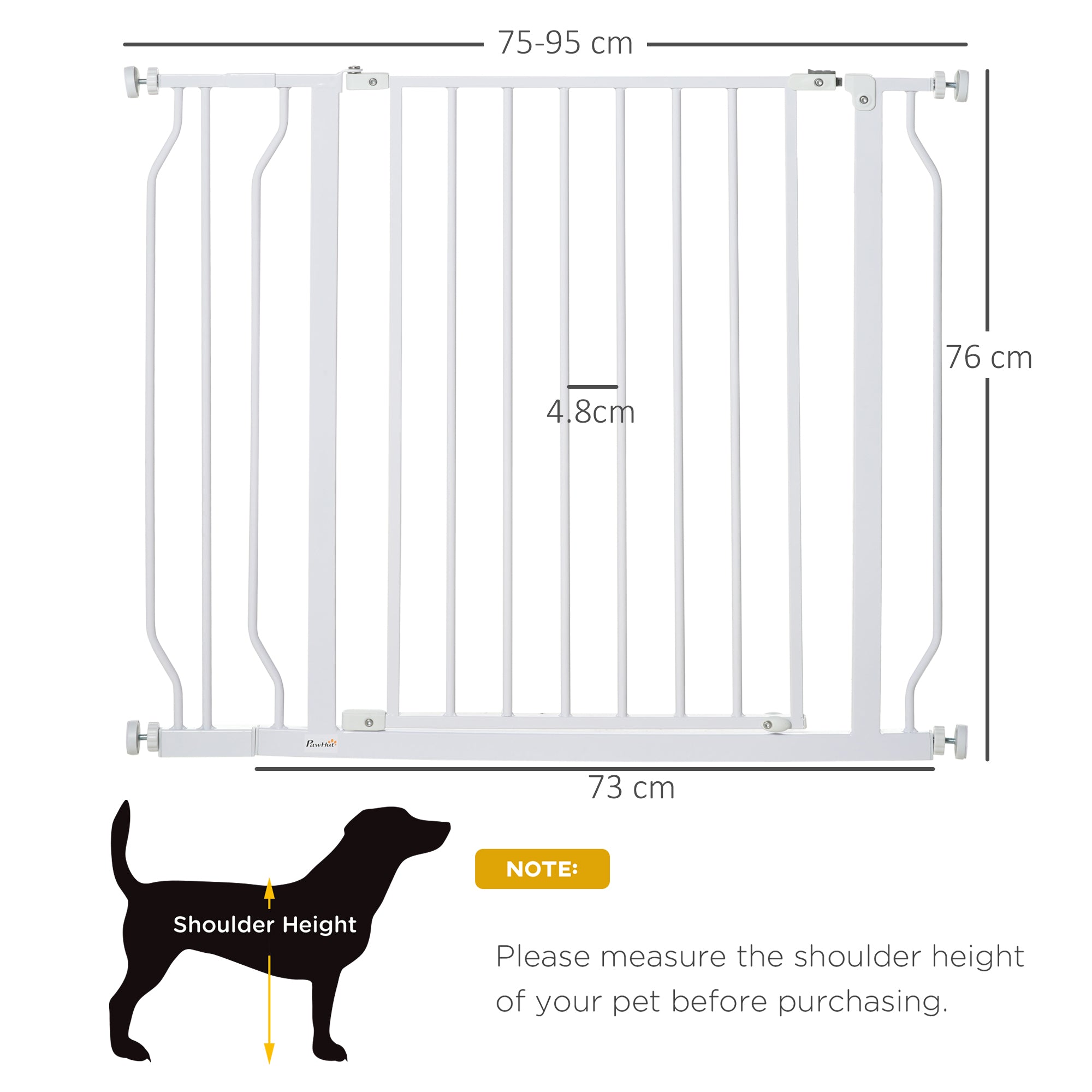 PawHut Dog Gate Wide Stair Gate w/ Door Pressure Fit Pets Barrier for Doorway, Hallway, 76H x 75-95W cm - White