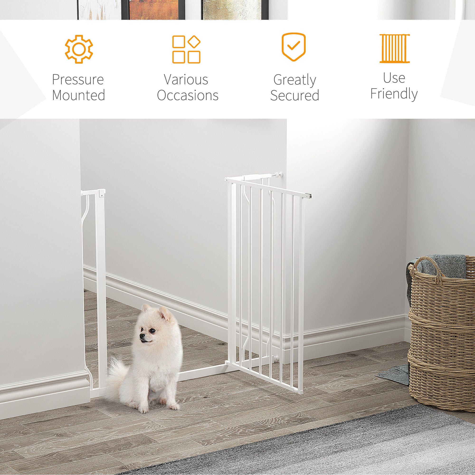 PawHut Dog Gate Wide Stair Gate w/ Door Pressure Fit Pets Barrier for Doorway, Hallway, 76H x 75-95W cm - White