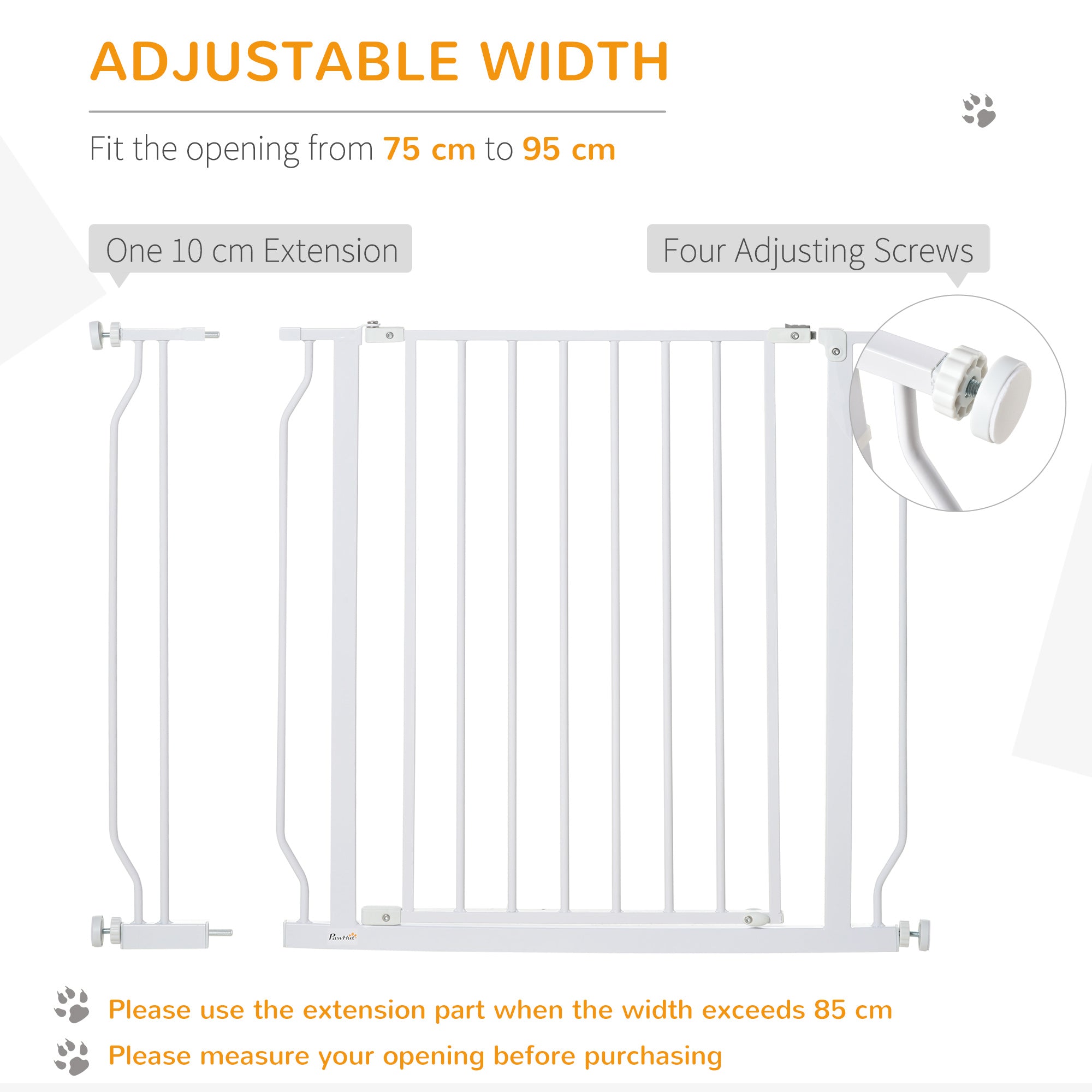 PawHut Dog Gate Wide Stair Gate w/ Door Pressure Fit Pets Barrier for Doorway, Hallway, 76H x 75-95W cm - White