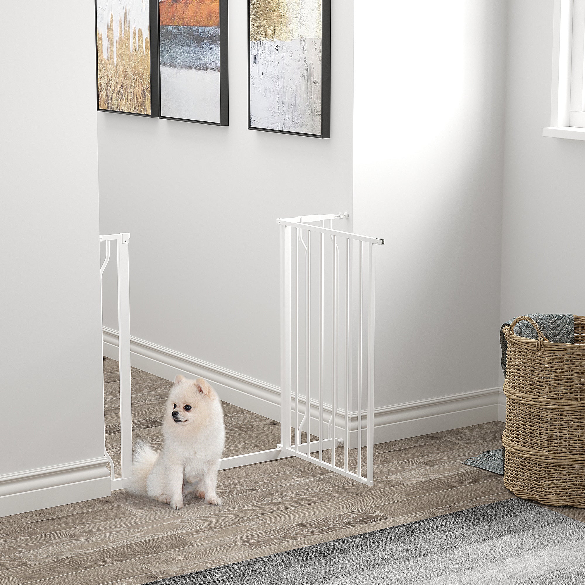 PawHut Dog Gate Wide Stair Gate w/ Door Pressure Fit Pets Barrier for Doorway, Hallway, 76H x 75-95W cm - White