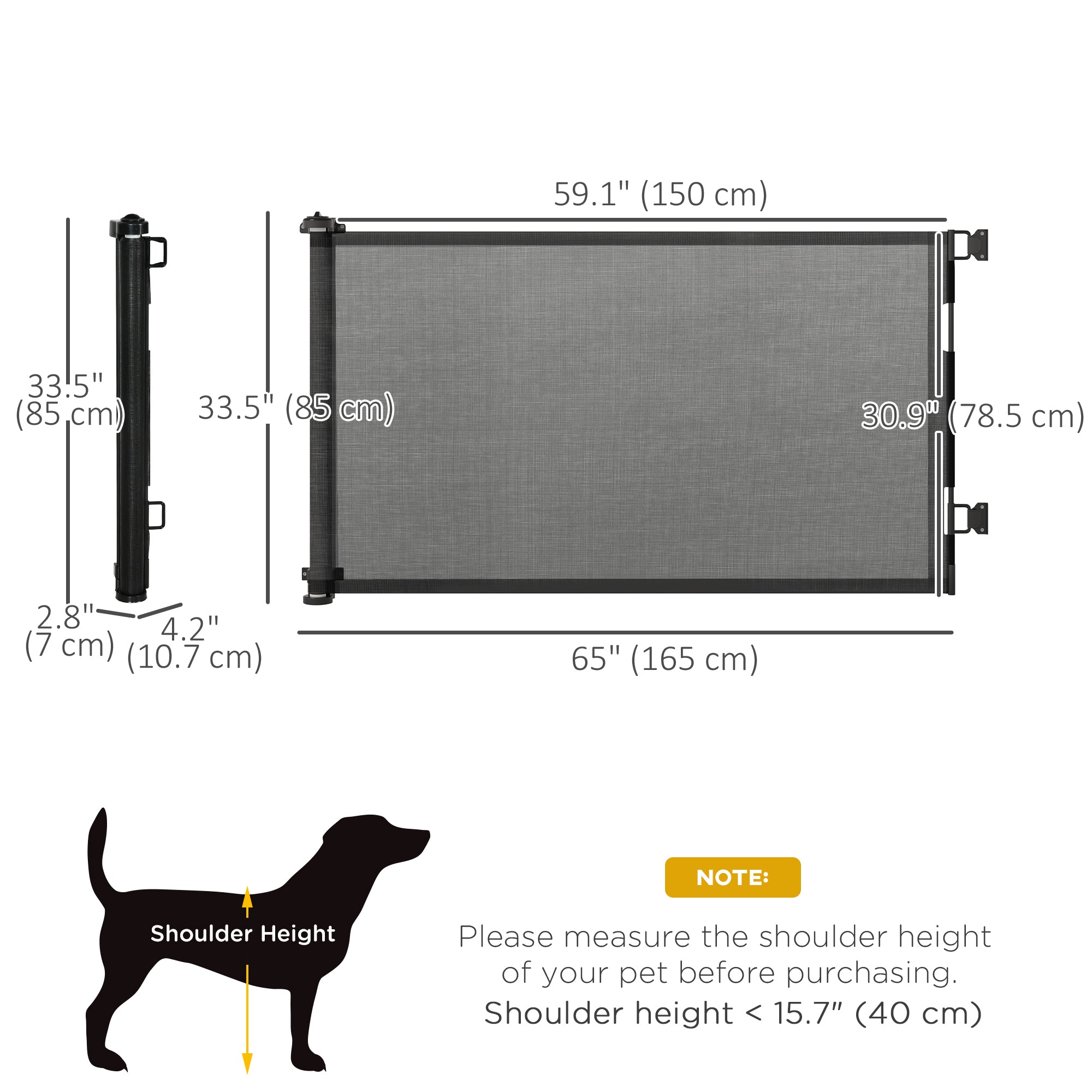 PawHut Retractable Pet Gate, 33.5" Tall, Extends to 59.1" Wide, Foldable Mesh Dog Gate for house, w/ Single Hand Operation, for Stairs, Doorways, Hallways - Black
